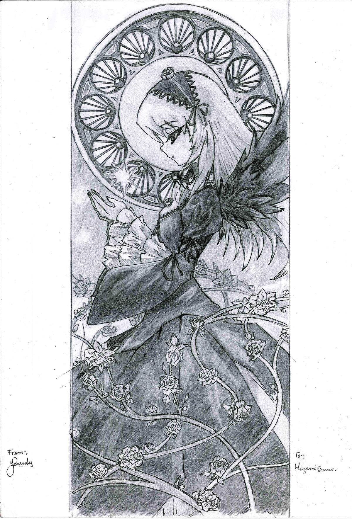 1girl choker dated dress flower frilled_sleeves frills greyscale hair_ornament image juliet_sleeves long_sleeves monochrome puffy_sleeves ribbon solo suigintou traditional_media wide_sleeves