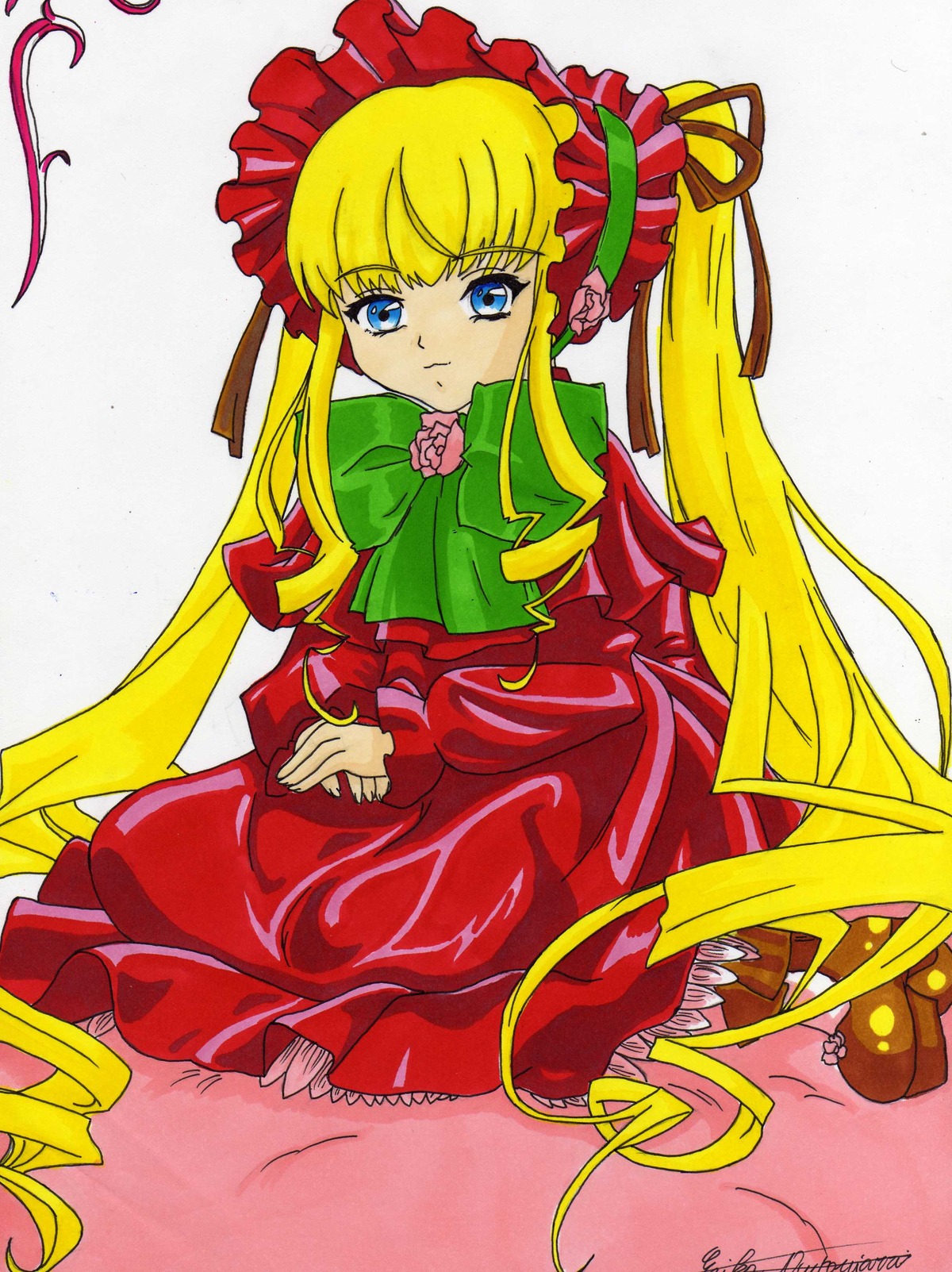 1girl auto_tagged bangs blonde_hair blue_eyes bonnet bow bowtie dress flower full_body green_bow image long_hair long_sleeves looking_at_viewer red_dress rose shinku sidelocks signature sitting solo twintails very_long_hair
