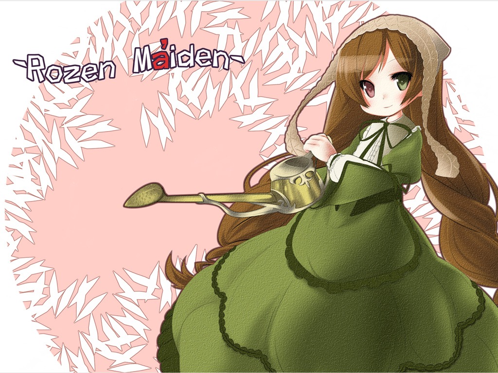 1girl brown_hair dress frills green_dress green_eyes hat head_scarf image long_hair long_sleeves smile solo suiseiseki very_long_hair watering_can