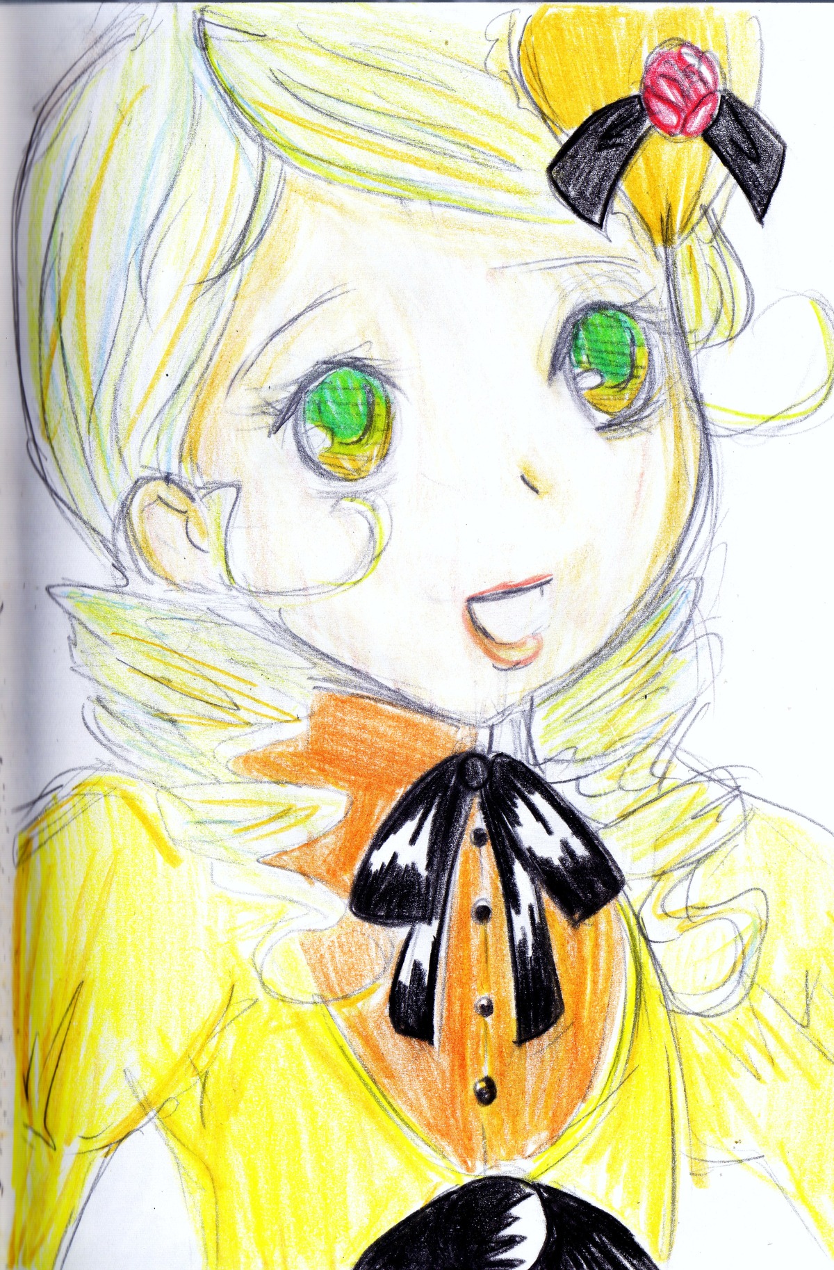 1girl blonde_hair bow colored_pencil_(medium) drill_hair flower green_eyes hair_ornament hat image kanaria marker_(medium) millipen_(medium) photo ribbon rose solo tomoe_mami traditional_media twin_drills watercolor_(medium)