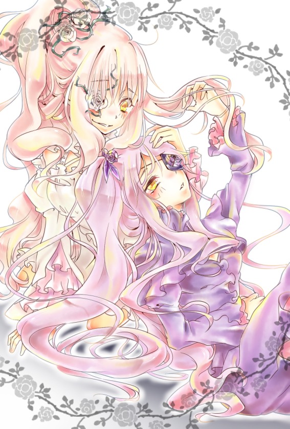 2girls barasuishou dress dual_persona eyepatch flower hair_flower image kirakishou long_hair multiple_girls pair pink_hair rose smile yellow_eyes