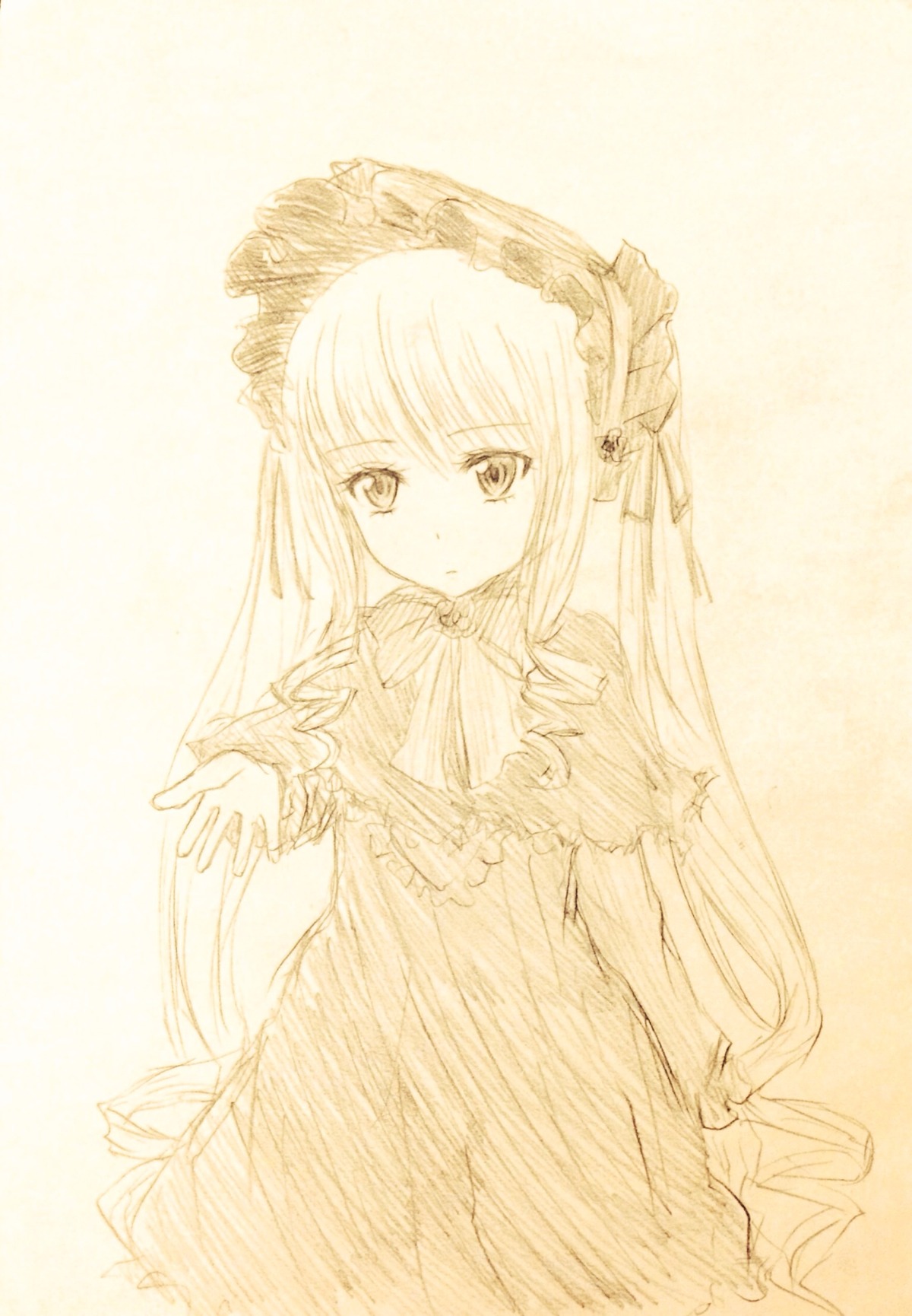 1girl bow dress frills hairband image long_hair long_sleeves looking_at_viewer monochrome shinku simple_background solo striped very_long_hair white_background