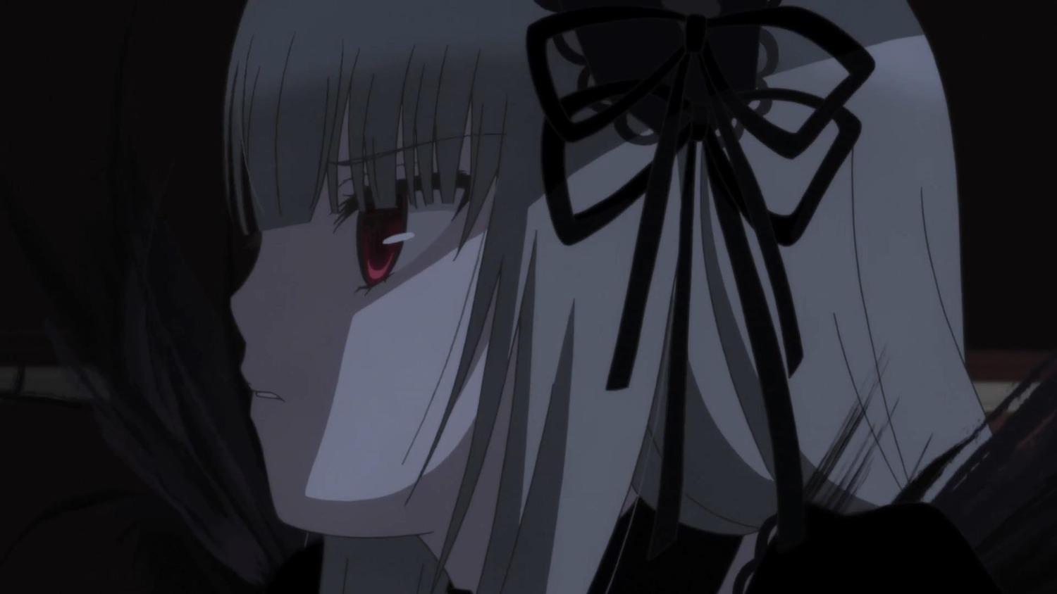 1girl face hair_ribbon image profile red_eyes ribbon smile solo suigintou