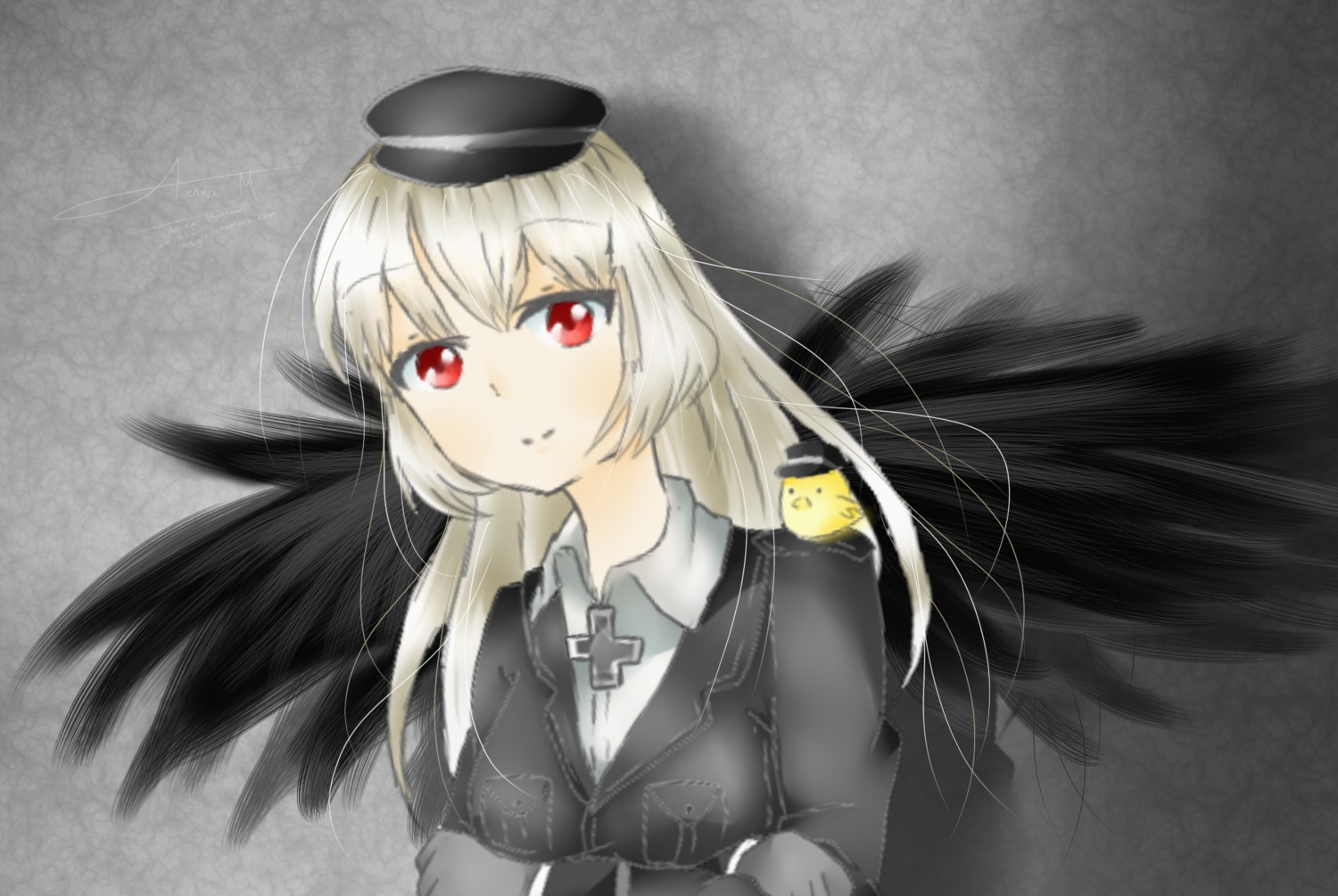 1girl animal bird bird_on_shoulder hat image long_hair looking_at_viewer military military_uniform red_eyes shirt smile solo suigintou uniform upper_body white_hair