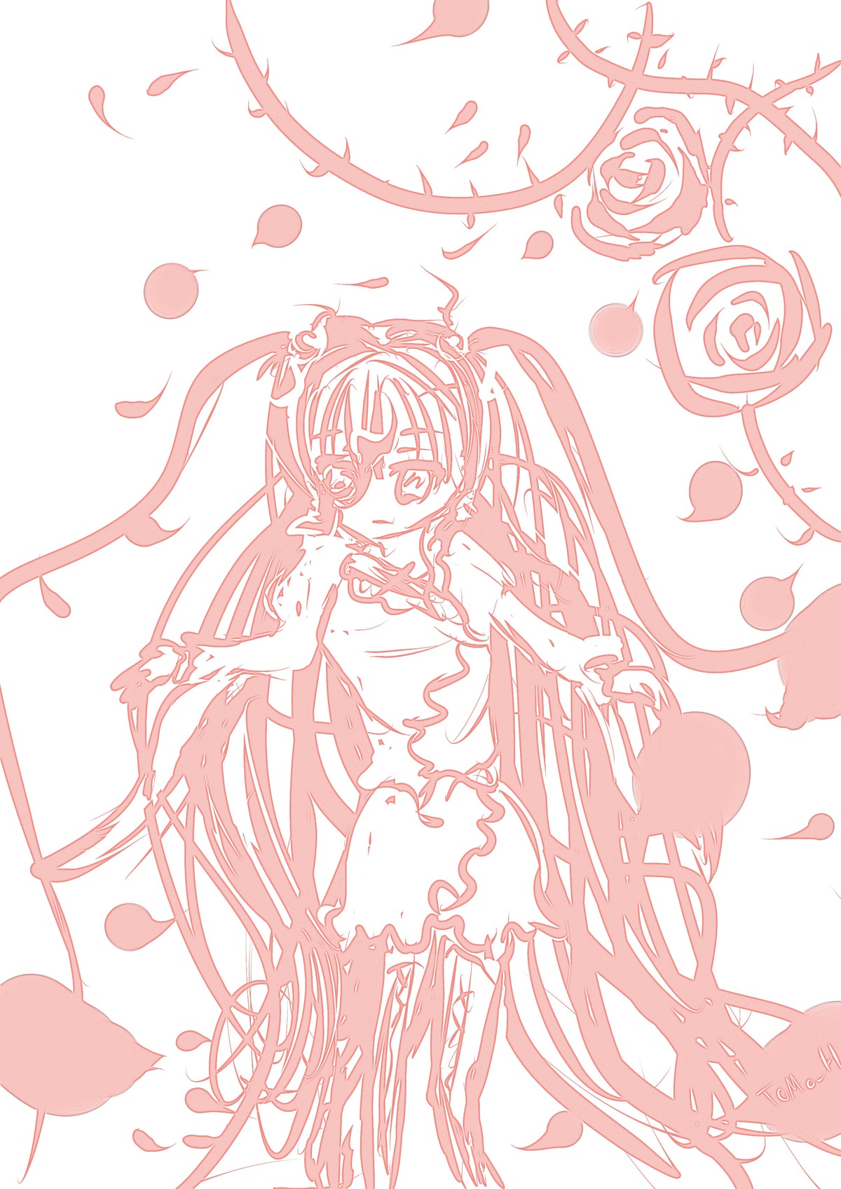 1girl dress flower hatsune_miku image kirakishou long_hair monochrome necktie petals rose rose_petals solo striped thighhighs twintails very_long_hair