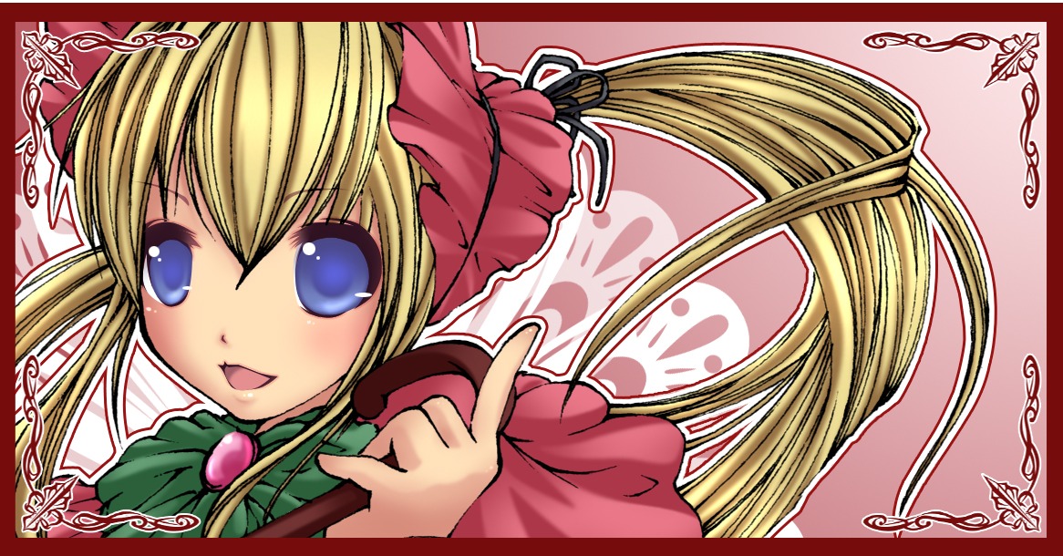 1girl :d blonde_hair blue_eyes bonnet bow dress flower image index_finger_raised letterboxed long_hair long_sleeves looking_at_viewer open_mouth pointing rose shinku smile solo