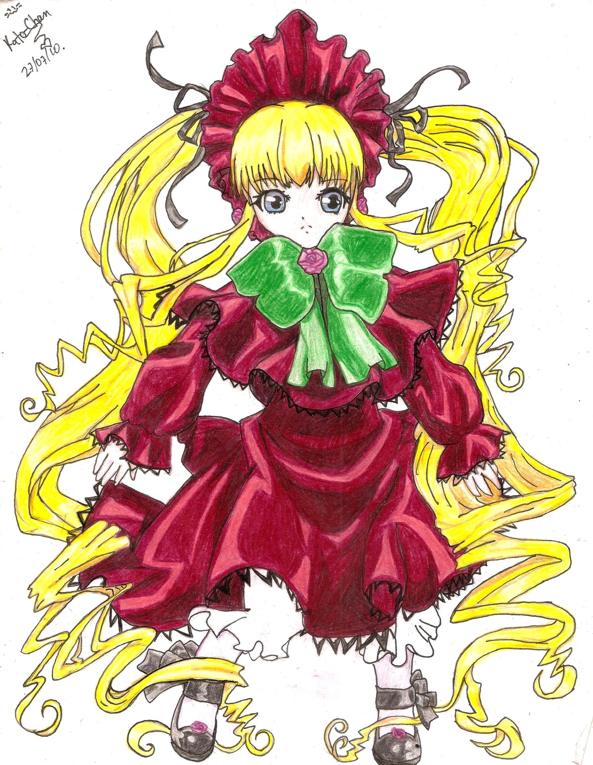 1girl blonde_hair blue_eyes bonnet bow bowtie dress frills full_body green_bow green_neckwear image long_hair long_sleeves looking_at_viewer marker_(medium) red_dress shinku shoes solo standing twintails very_long_hair