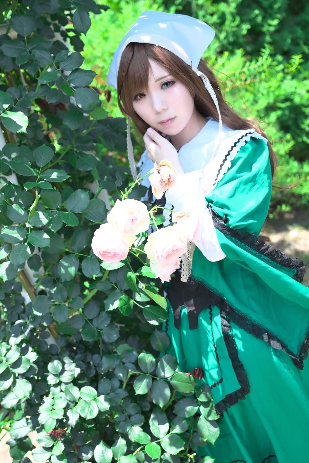 1girl brown_hair dress flower green_eyes hat head_scarf lips long_hair long_sleeves looking_at_viewer outdoors solo suiseiseki