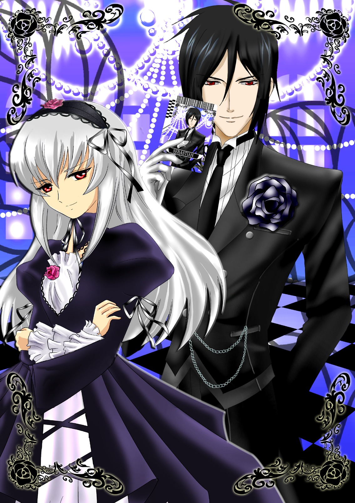 1boy 1girl auto_tagged black_hair black_wings dress flower frills hairband image long_hair long_sleeves looking_at_viewer red_eyes rose smile solo suigintou wings