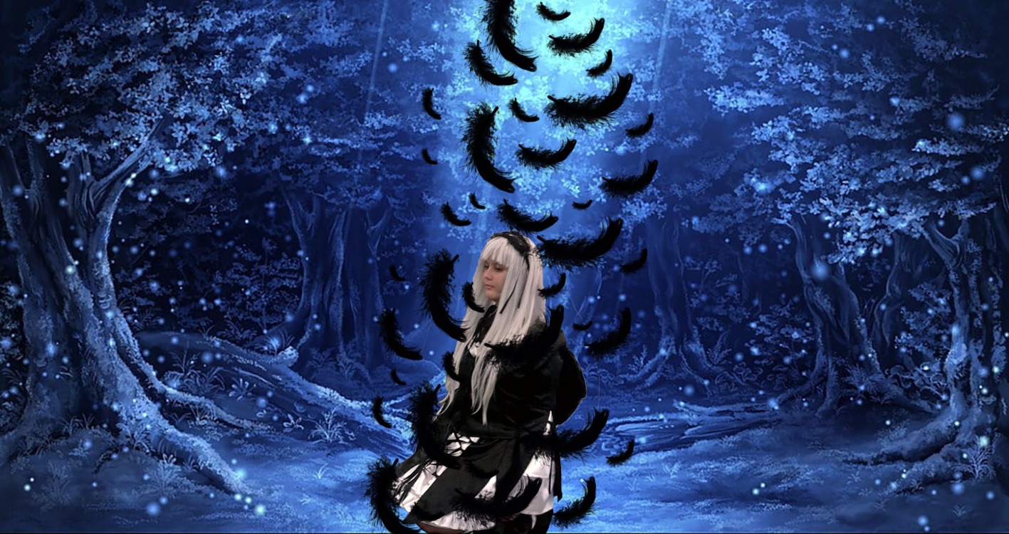 1girl forest long_hair nature night snow solo standing suigintou tree white_hair