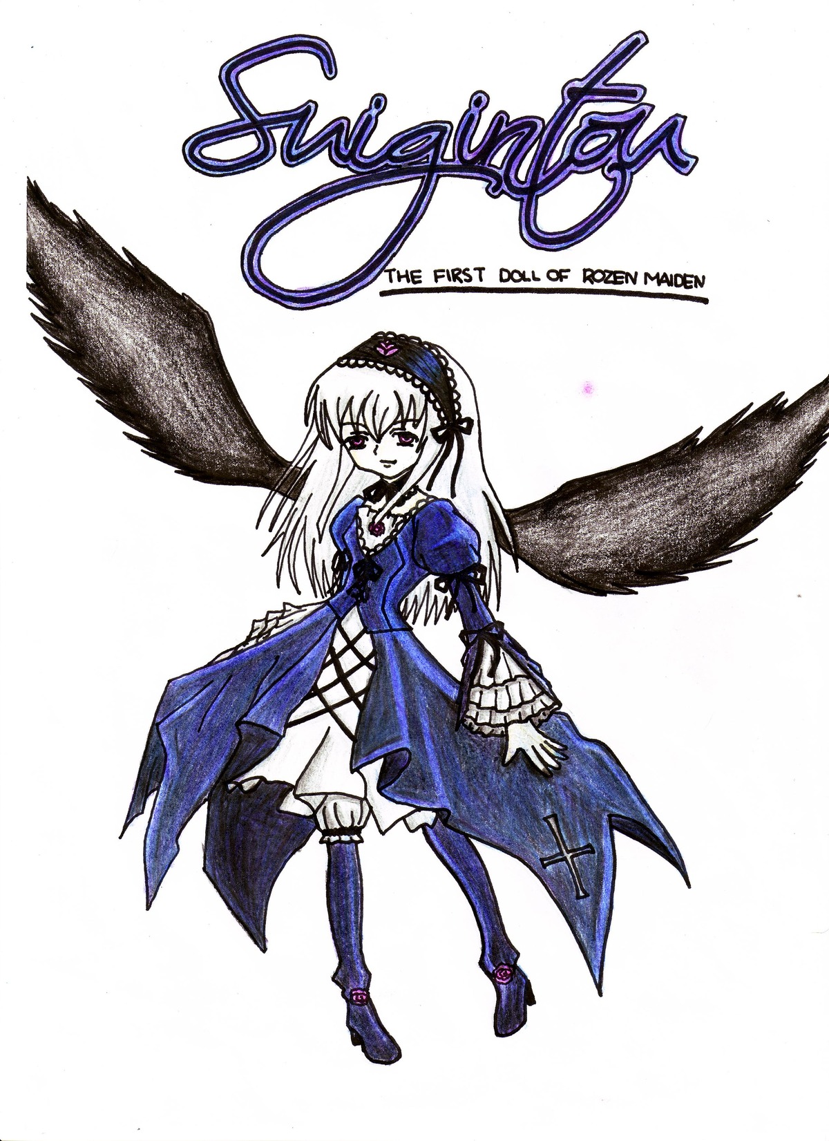 1girl black_wings boots dress flower frills full_body hairband image juliet_sleeves long_hair long_sleeves looking_at_viewer puffy_sleeves rose simple_background solo standing suigintou white_background wings