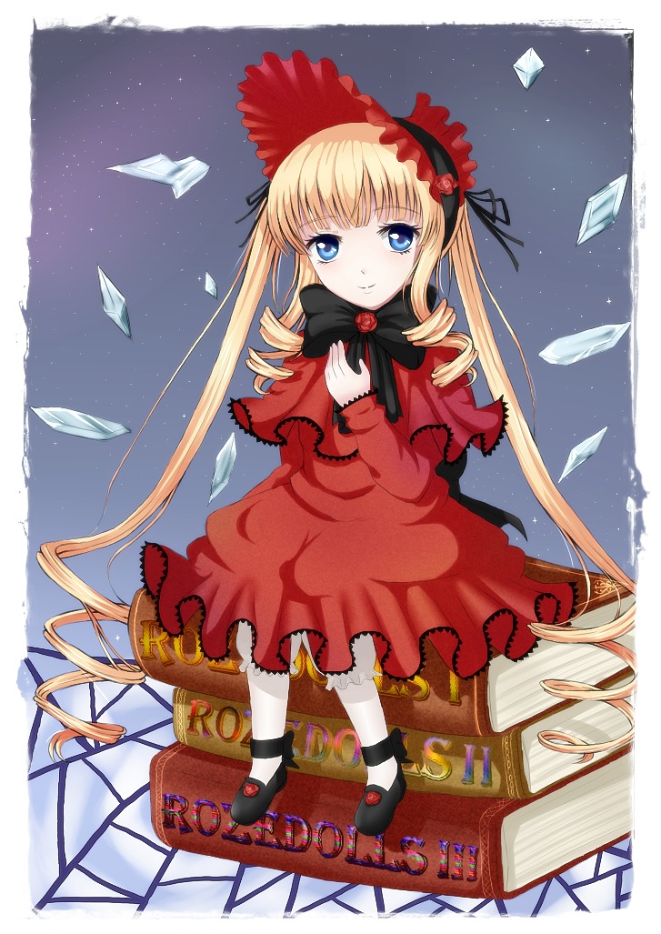 1girl blonde_hair blue_eyes bonnet book bow card cup dress drill_hair flower image long_hair looking_at_viewer pantyhose paper red_capelet red_dress rose shinku shoes sitting solo teacup very_long_hair