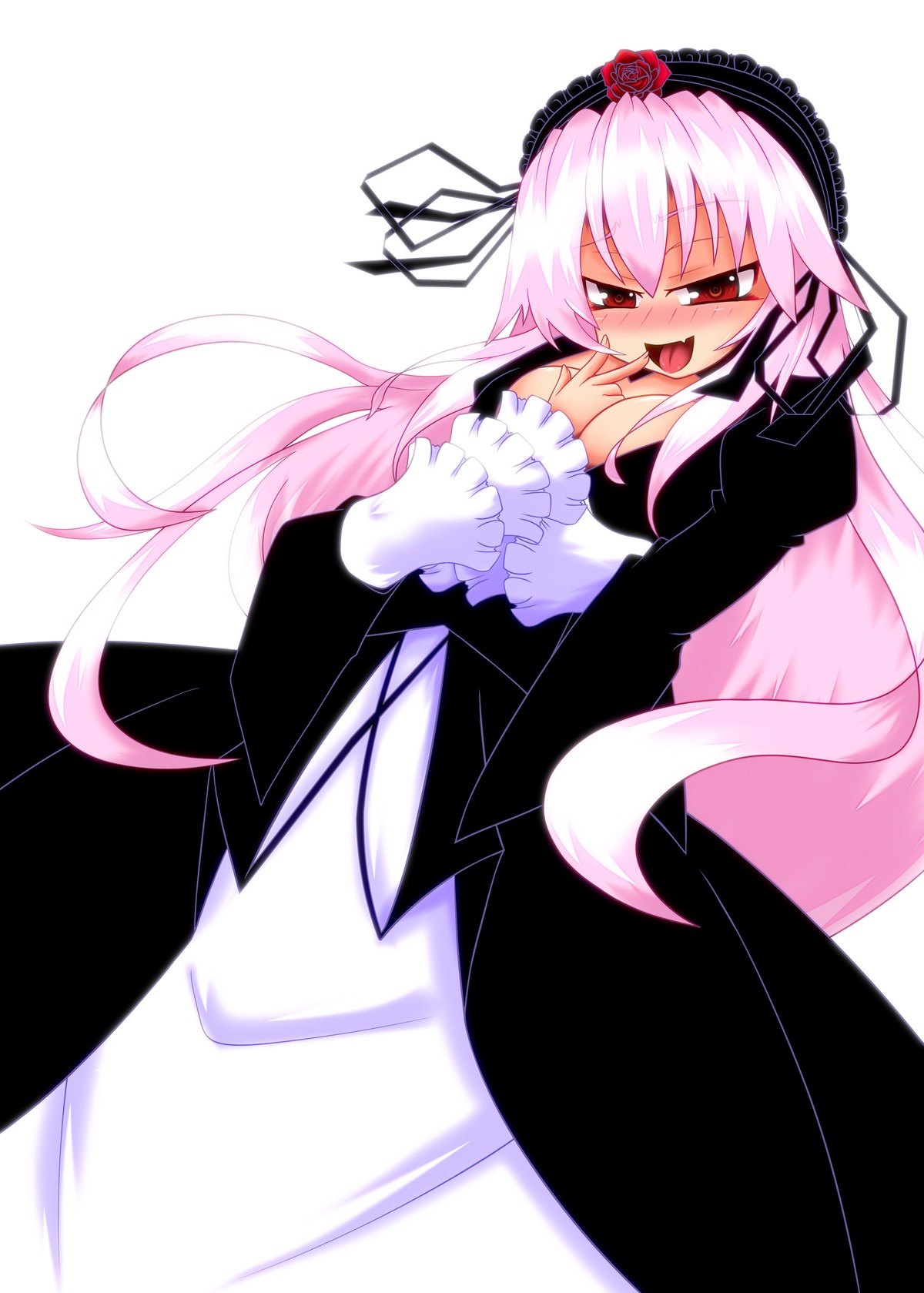 1girl blush breasts dress flower frills hairband image juliet_sleeves lolita_hairband long_hair long_sleeves looking_at_viewer open_mouth pink_hair red_eyes smile solo suigintou tongue tongue_out very_long_hair