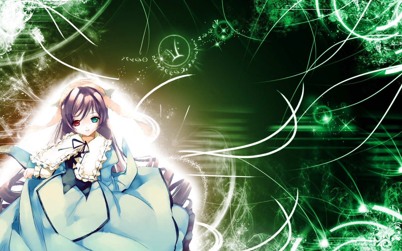 1girl brown_hair dress frills grass green_dress green_eyes heterochromia image long_hair long_sleeves looking_at_viewer plant red_eyes ribbon solo suiseiseki very_long_hair