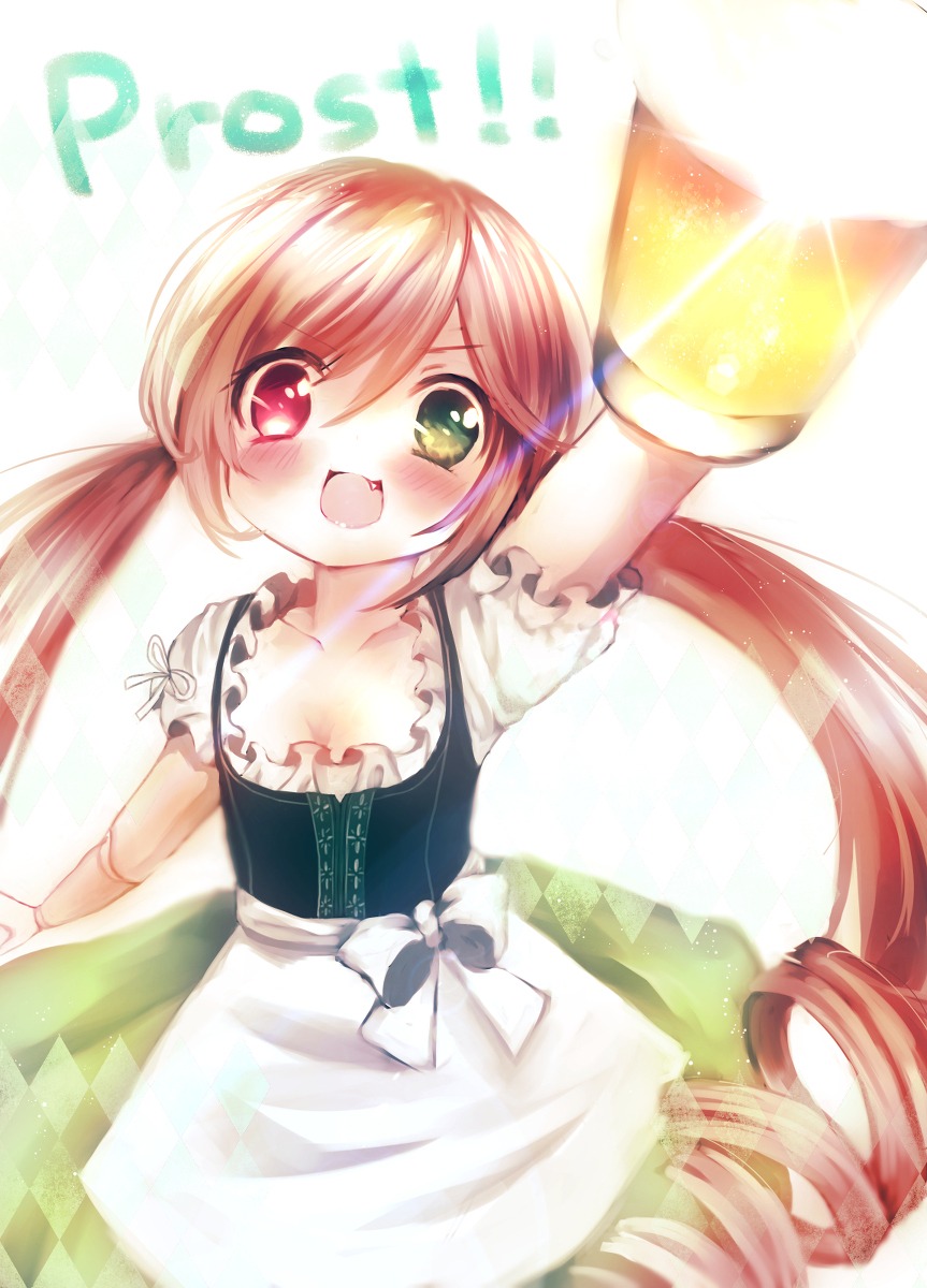 1girl :d alcohol apron argyle_background auto_tagged beer beer_mug checkered checkered_background checkered_floor cup dress fang german_clothes green_eyes heterochromia holding image long_hair mug open_mouth red_eyes smile solo suiseiseki symbol-shaped_pupils twintails