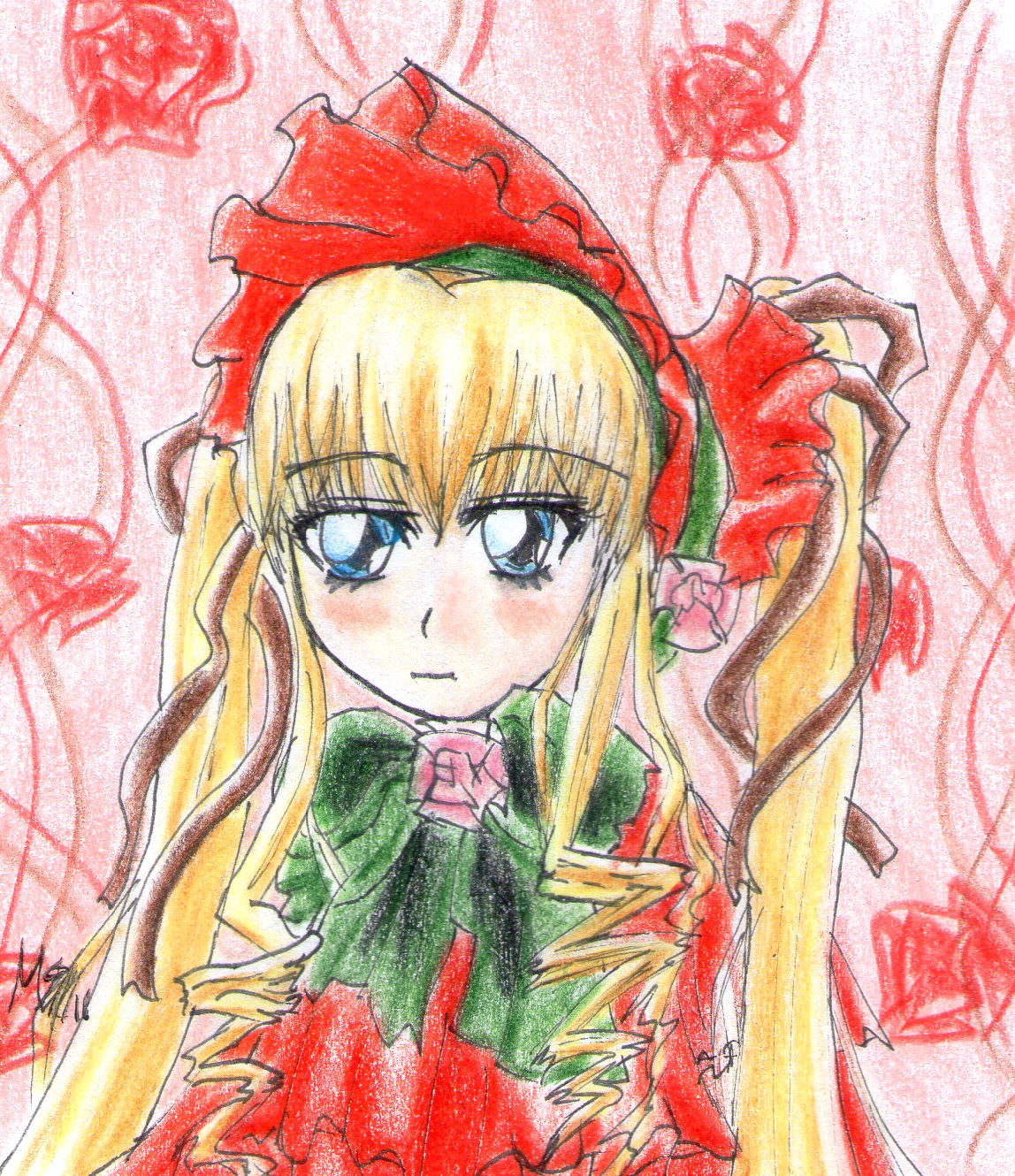 1girl blonde_hair blue_eyes blush bonnet bow bowtie dress drill_hair flower green_bow image long_hair long_sleeves looking_at_viewer pink_background red_rose rose shinku sidelocks solo traditional_media upper_body