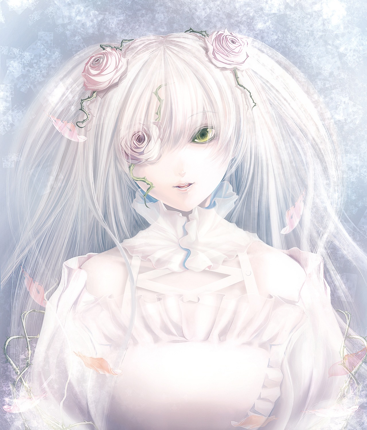 1girl flower green_eyes hair_flower hair_ornament image kirakishou long_hair looking_at_viewer pink_rose rose solo upper_body white_rose