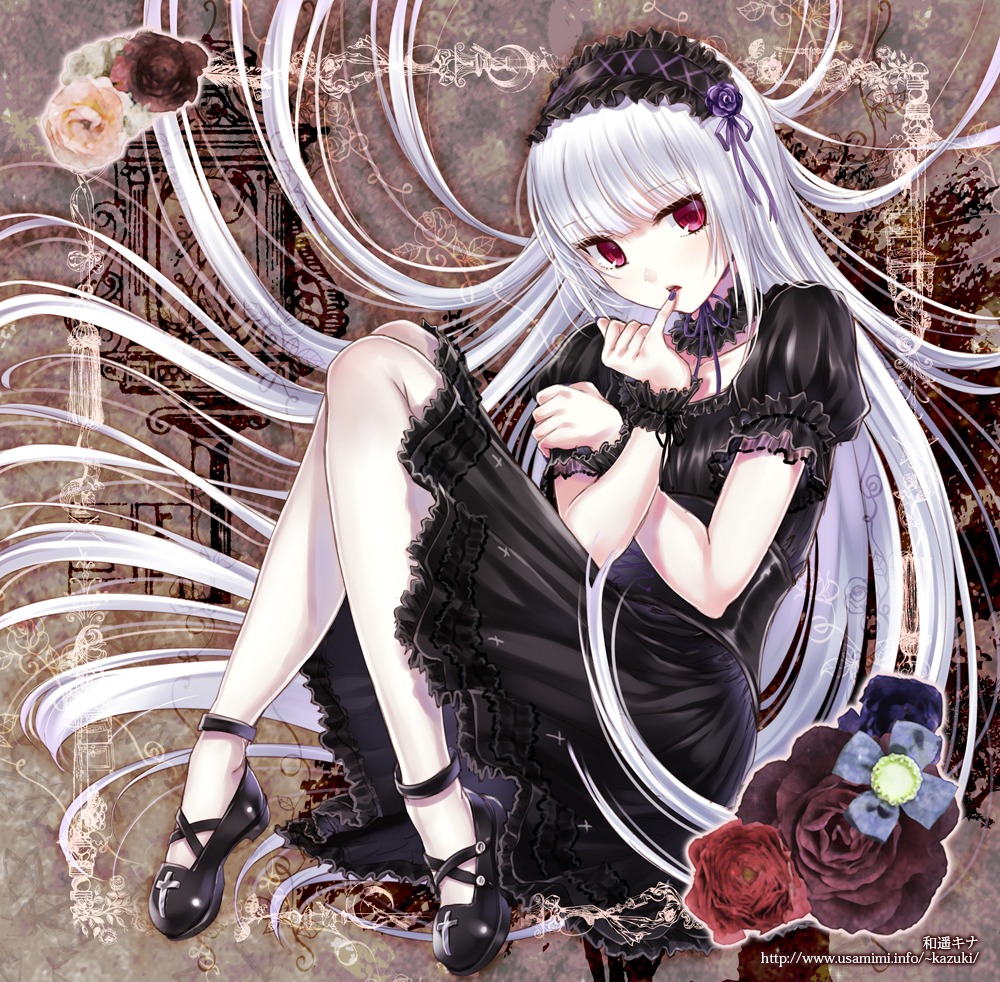 1girl black_dress black_flower black_rose dress finger_to_mouth flower frills gothic_lolita hairband image lolita_fashion lolita_hairband long_hair mary_janes pink_rose puffy_sleeves purple_rose red_eyes red_flower red_rose rose shoes silver_hair solo suigintou very_long_hair