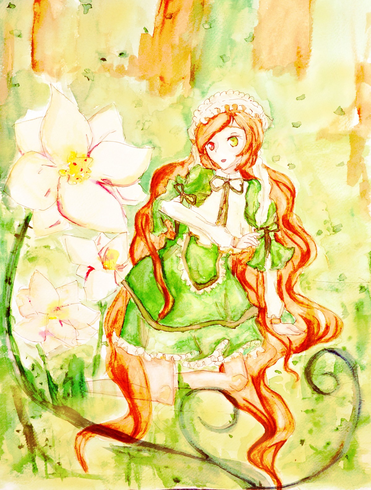 1girl braid dress flower frills green_dress green_eyes hat heterochromia hong_meiling image long_hair solo suiseiseki traditional_media very_long_hair watercolor_(medium) watering_can