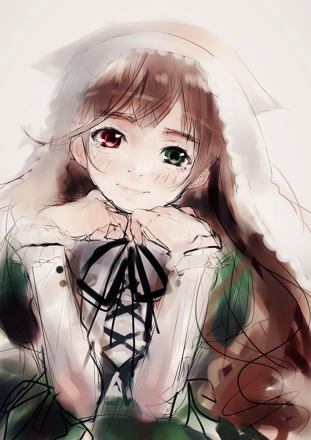 1girl bangs black_ribbon brown_hair closed_mouth dress green_eyes heterochromia image long_hair long_sleeves looking_at_viewer neck_ribbon red_eyes ribbon simple_background sketch smile solo suiseiseki upper_body