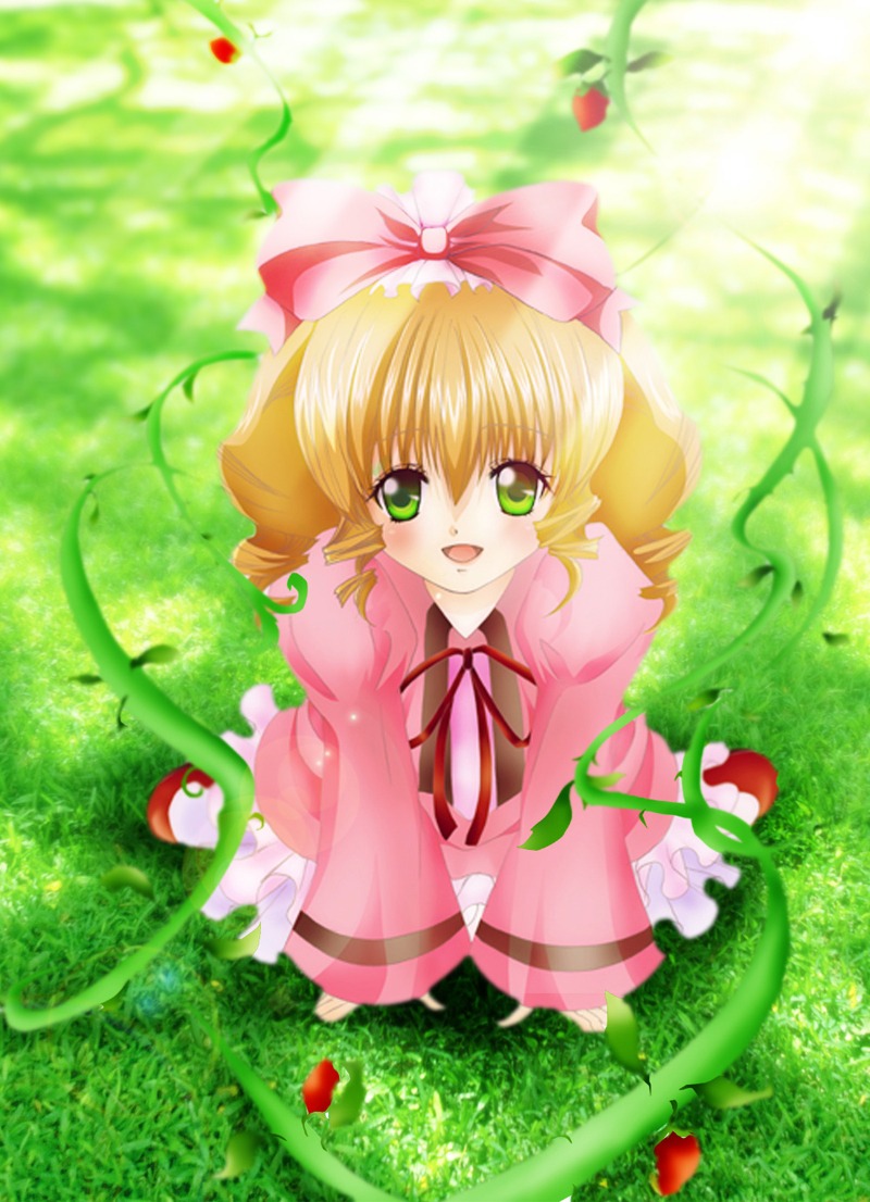 1girl :d apple blonde_hair bow curly_hair dress drill_hair food fruit full_body grass green_eyes hina_ichigo hinaichigo image long_sleeves looking_at_viewer object_namesake open_mouth outdoors pink_bow pink_dress short_hair smile solo strawberry twin_drills