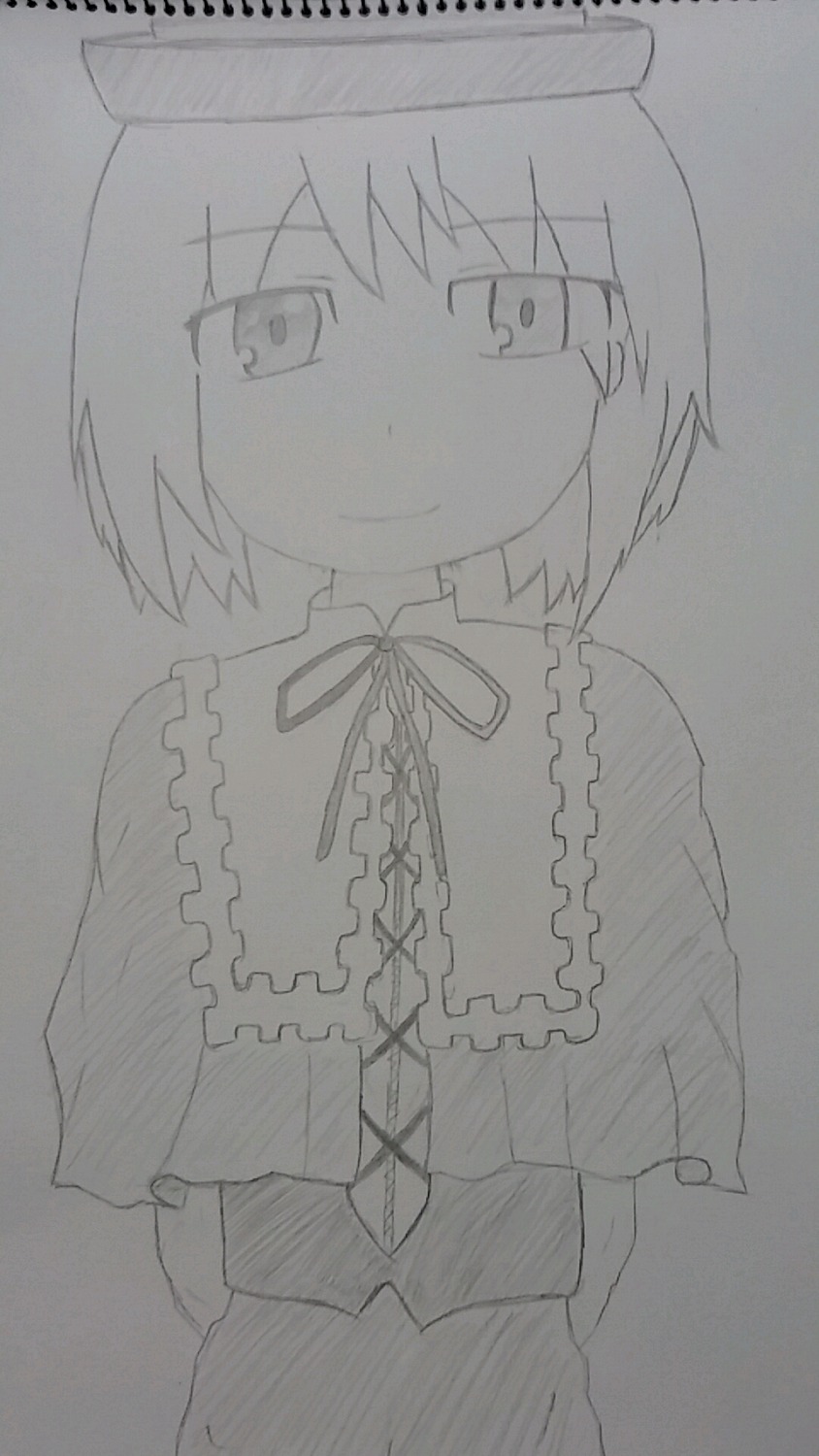 1girl artist_name capelet closed_mouth image looking_at_viewer monochrome neck_ribbon ribbon short_hair smile solo souseiseki traditional_media upper_body