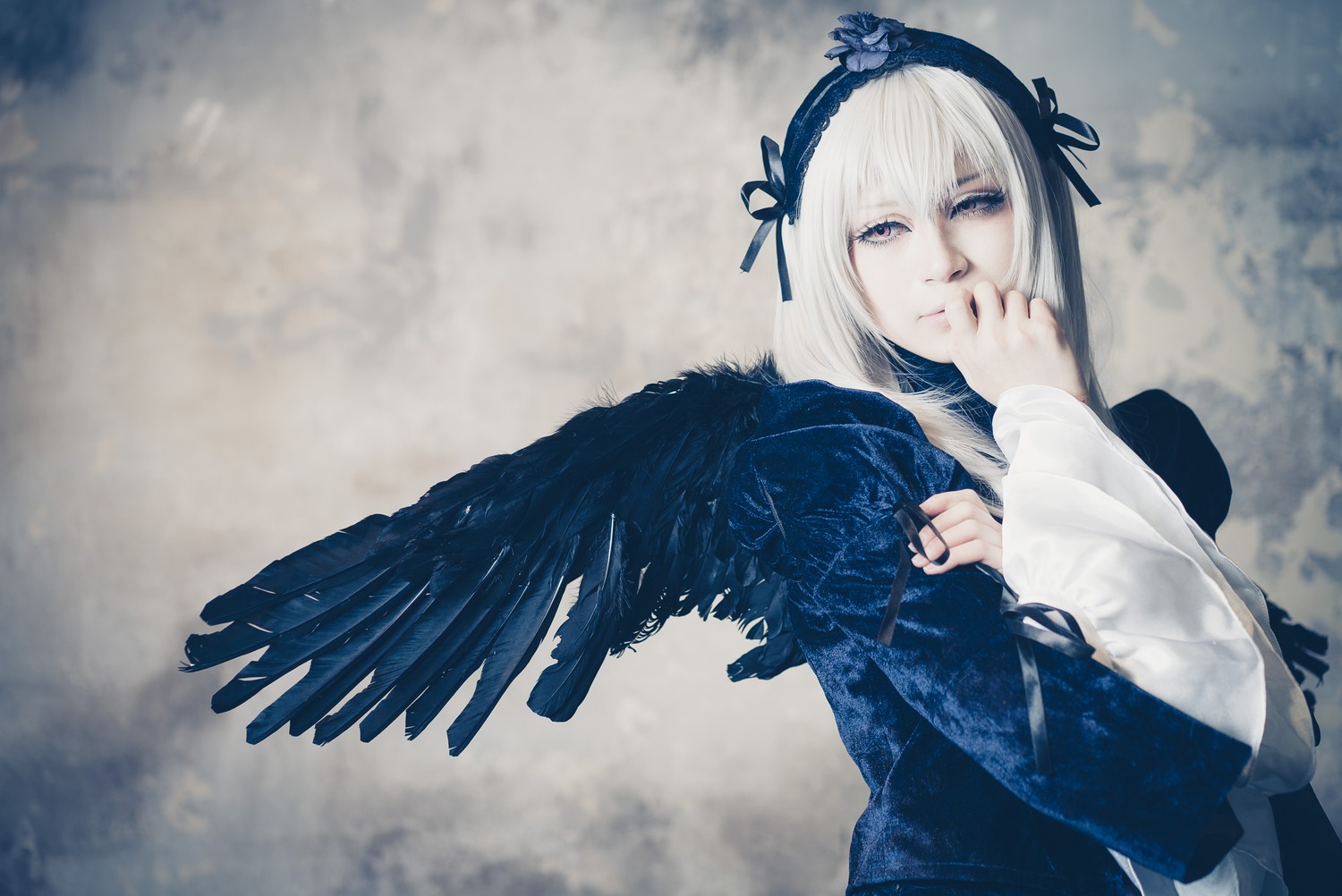 1girl bangs black_ribbon black_wings blue_ribbon blurry closed_mouth depth_of_field dress feathered_wings feathers flower frills hairband long_hair long_sleeves looking_at_viewer ribbon silver_hair solo suigintou wings