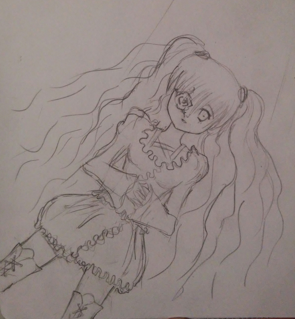 1girl boots cross-laced_footwear dress frills hair_ornament image kirakishou long_hair long_sleeves looking_at_viewer monochrome solo traditional_media very_long_hair