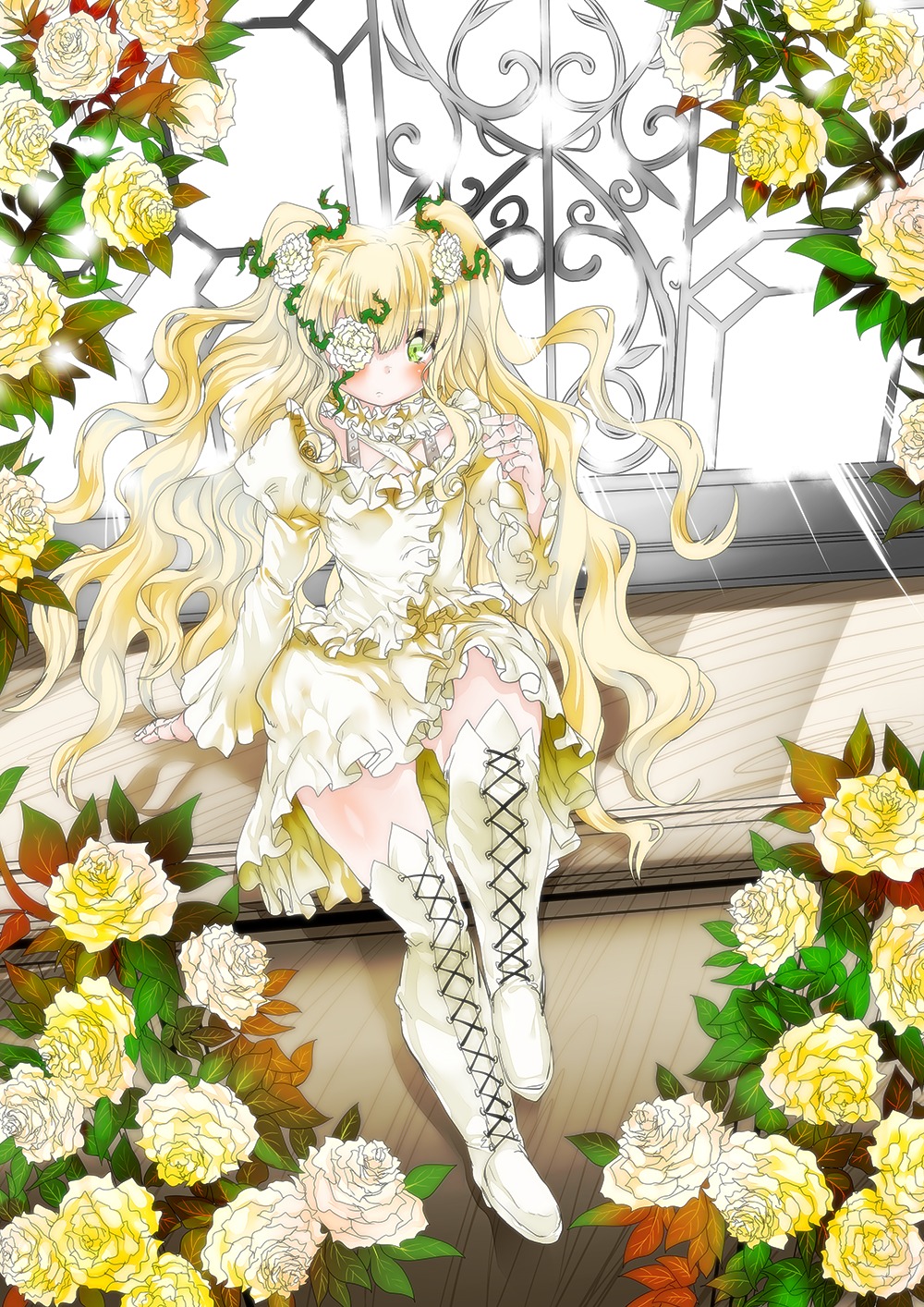 1girl blonde_hair boots bouquet cross-laced_footwear daisy dress eyepatch flower frills full_body hair_flower hair_ornament image kirakishou knee_boots lily_(flower) long_hair puffy_sleeves rose sitting solo thigh_boots thighhighs two_side_up very_long_hair white_flower white_footwear white_rose yellow_flower yellow_footwear yellow_rose