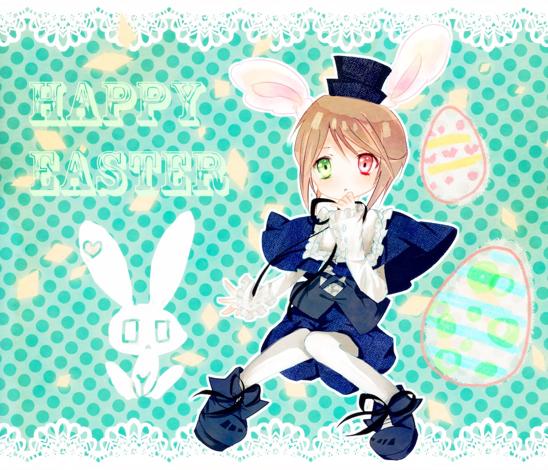 1girl animal_ears bunny_ears green_eyes halftone halftone_background hat heterochromia image long_sleeves pantyhose polka_dot polka_dot_background red_eyes solo souseiseki top_hat white_legwear