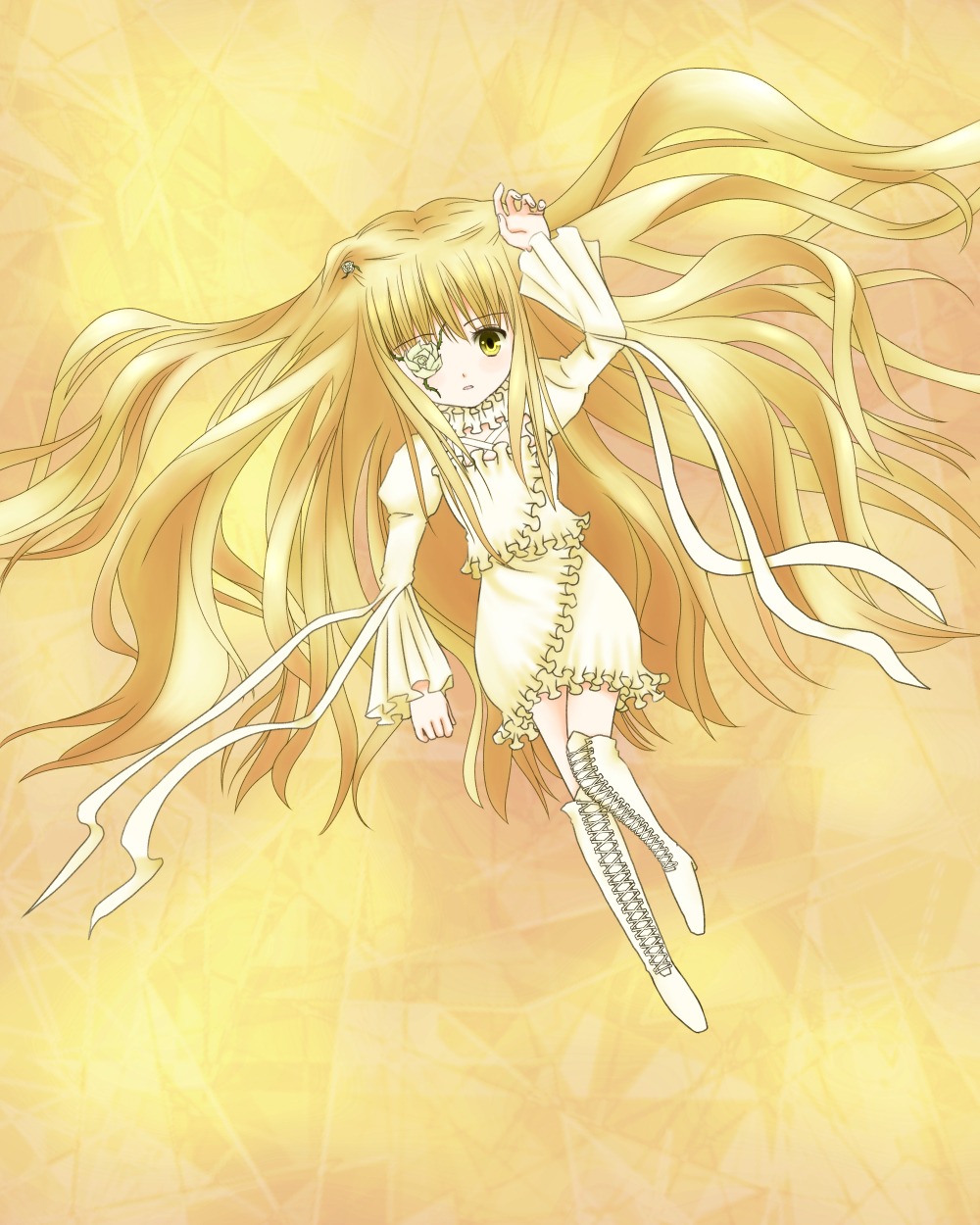 1girl blonde_hair boots cross-laced_footwear dress eyepatch flower full_body image kirakishou knee_boots long_hair long_sleeves puffy_sleeves rose solo thigh_boots very_long_hair yellow_background