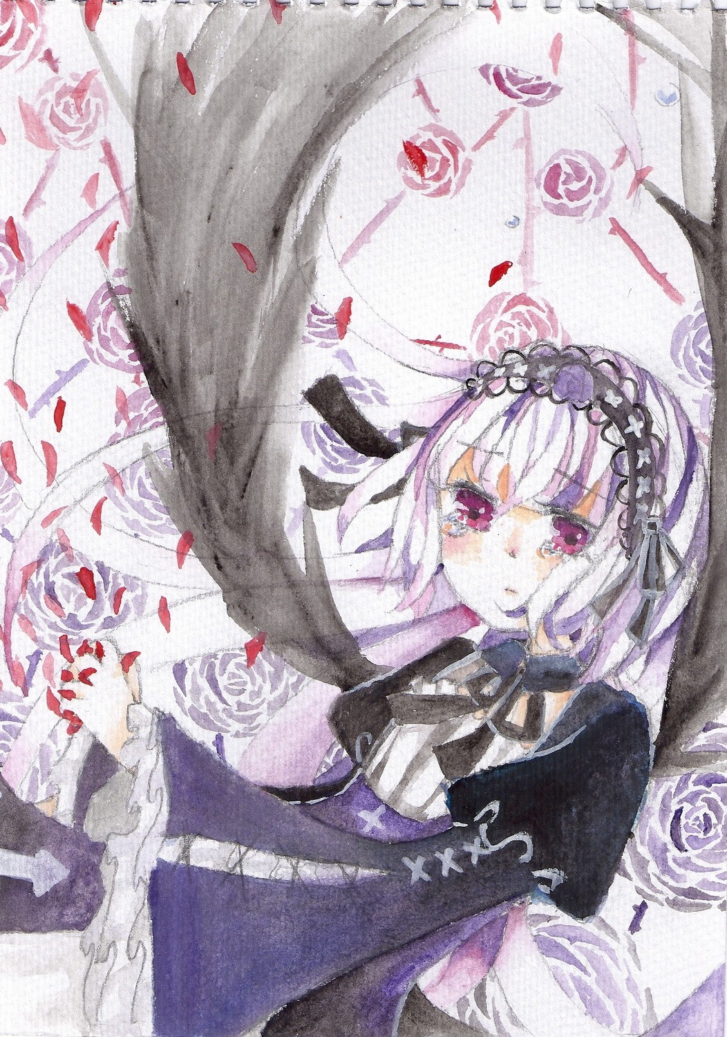 1girl black_ribbon blush dress flower frills hairband image long_hair long_sleeves looking_at_viewer petals pink_eyes ribbon rose rose_petals solo suigintou traditional_media very_long_hair watercolor_(medium)