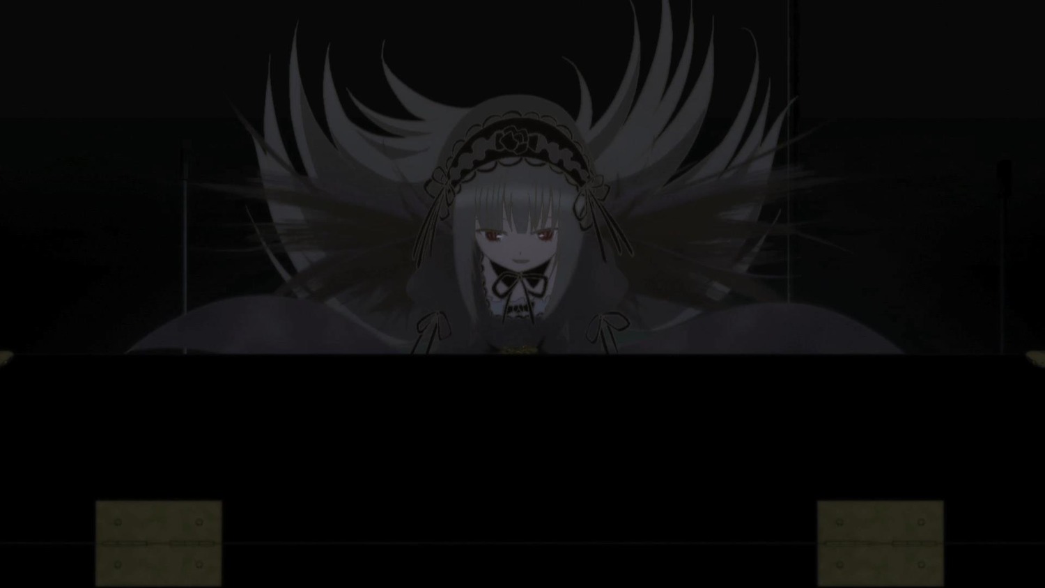 1girl bangs black_background black_dress black_ribbon closed_mouth dress eyebrows_visible_through_hair frills hairband image long_hair looking_at_viewer ribbon solo suigintou very_long_hair