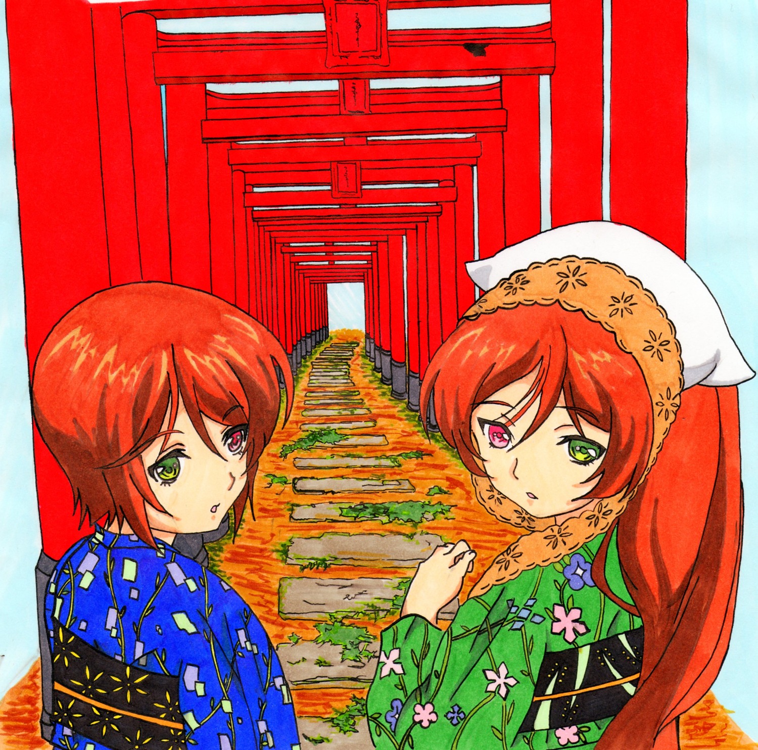 2girls green_eyes head_scarf heterochromia hoshizora_rin image japanese_clothes kimono long_hair looking_at_viewer looking_back multiple_girls orange_hair pair purple_eyes red_eyes red_hair short_hair siblings sisters souseiseki suiseiseki twins yellow_eyes