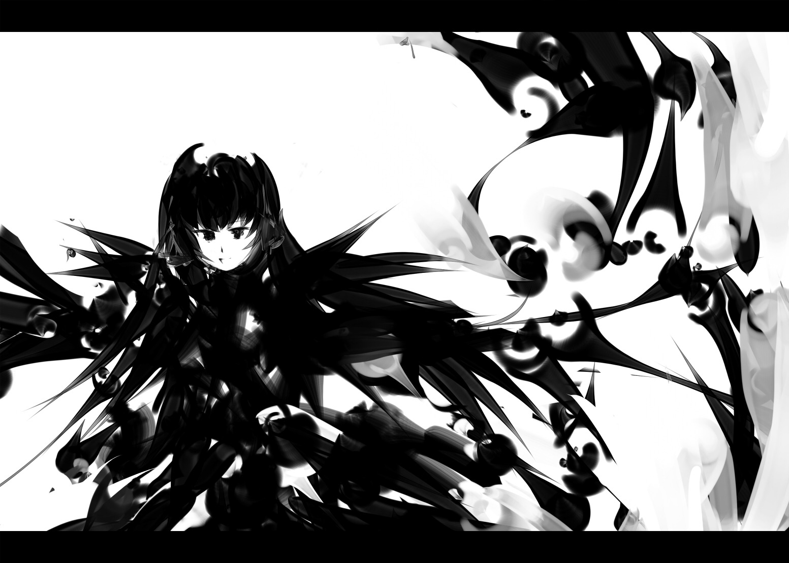 1girl black_border closed_mouth dress greyscale image letterboxed long_hair looking_at_viewer monochrome solo suigintou white_background