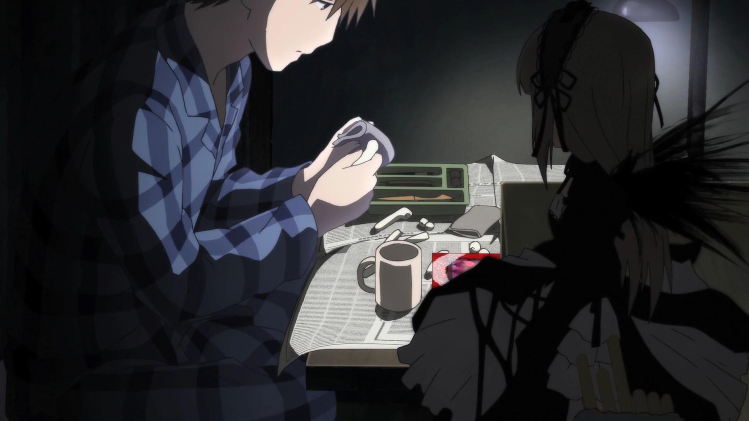 1boy 1girl brown_hair cup dress image long_sleeves sitting solo suigintou table