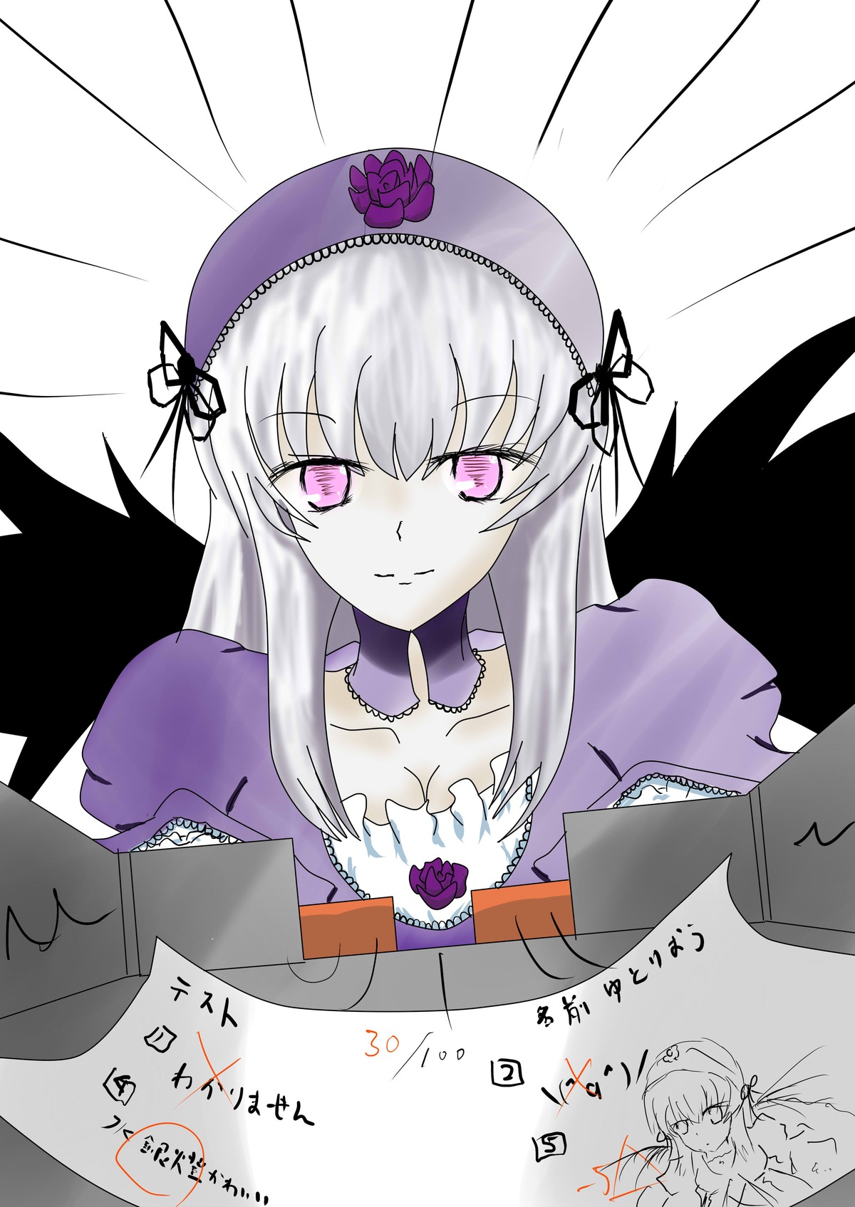 1girl black_wings box cleavage dress hairband image long_hair silver_hair solo suigintou wings