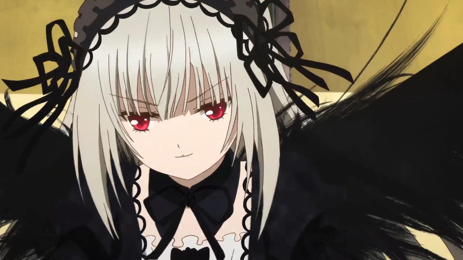 1girl bangs black_ribbon black_wings closed_mouth detached_collar dress hairband image long_hair looking_at_viewer red_eyes ribbon silver_hair smile solo suigintou wings