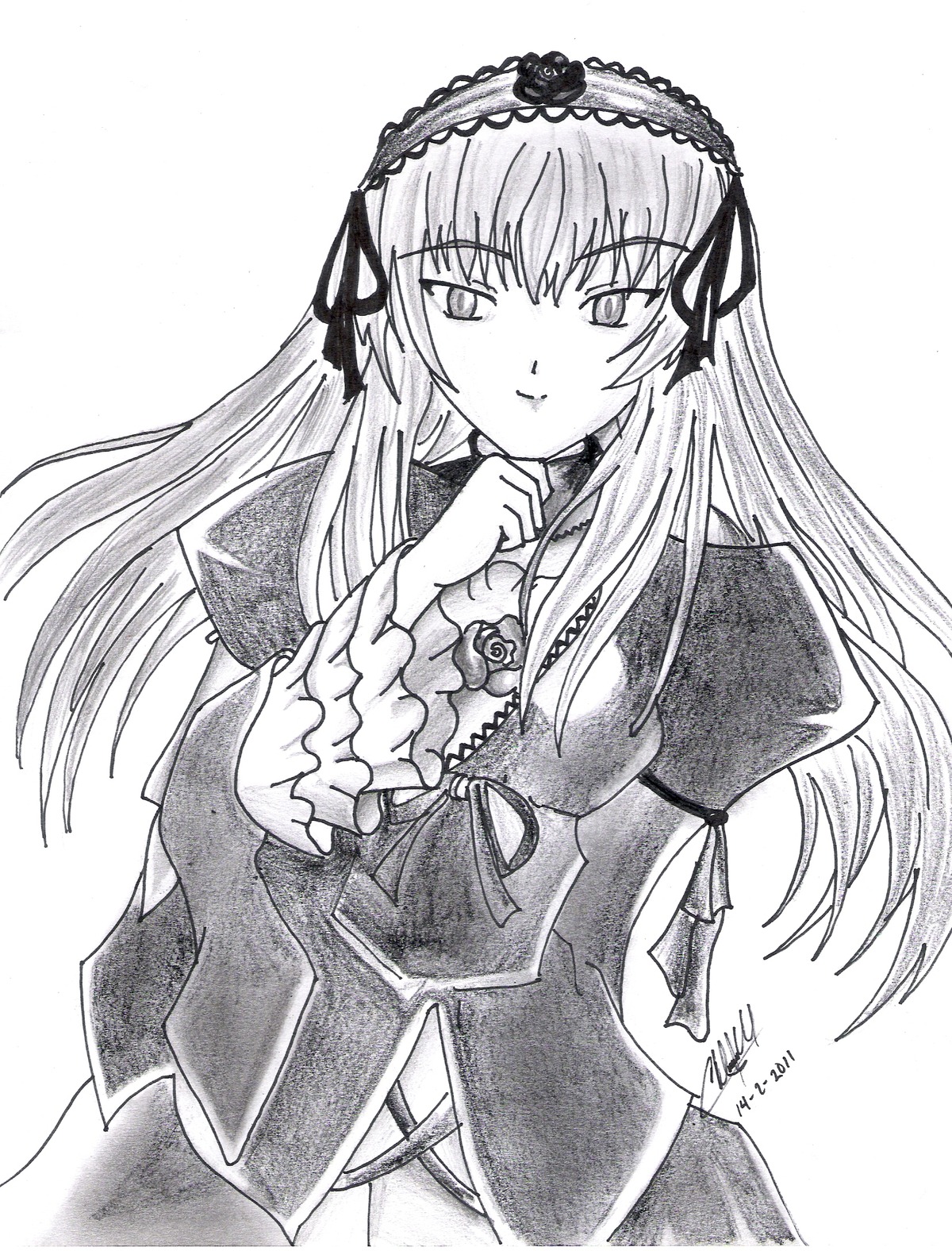 1girl closed_mouth dress flower frills greyscale hairband image long_hair long_sleeves looking_at_viewer monochrome ribbon rose signature simple_background solo suigintou traditional_media white_background wings