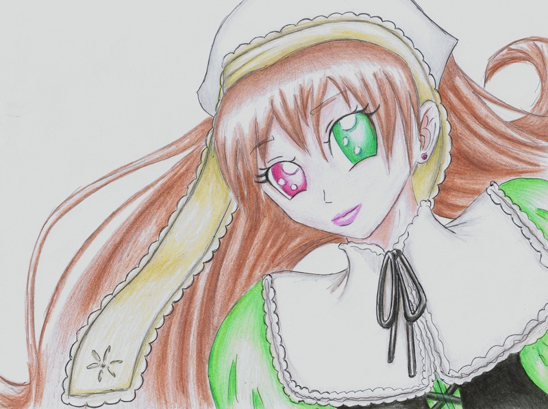 1girl frills green_eyes hat head_scarf heterochromia image long_hair looking_at_viewer red_eyes ribbon simple_background solo suiseiseki traditional_media