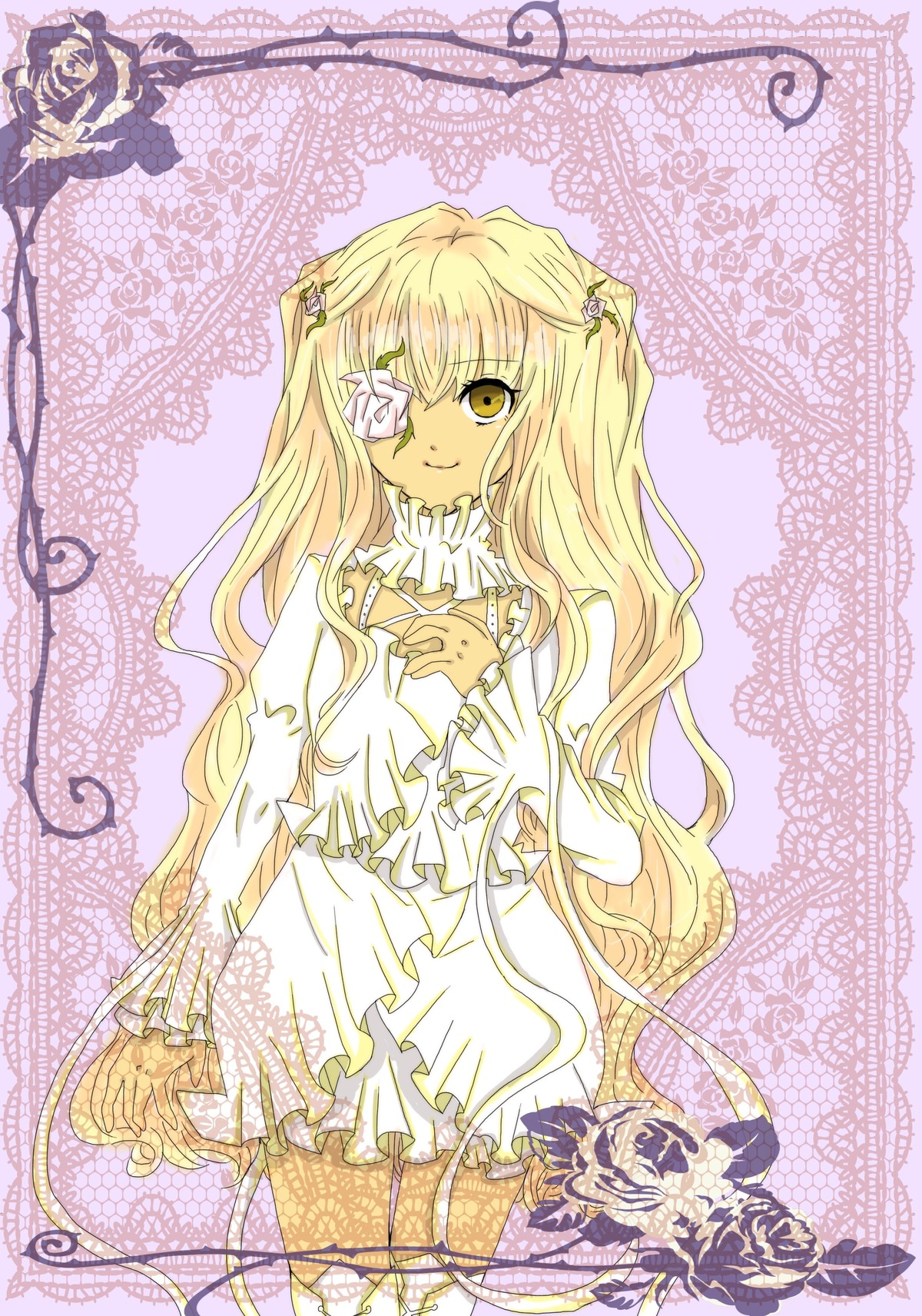 1girl 86800 blonde_hair dress eyepatch flower frills hair_ornament image kirakishou long_hair rose smile solo thorns two_side_up very_long_hair vines white_rose yellow_eyes