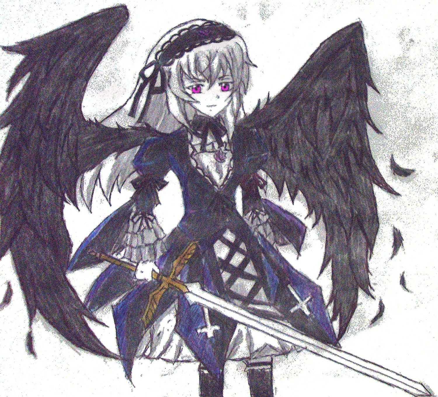 1girl black_wings dress feathered_wings feathers flower frills hairband holding holding_weapon image long_hair long_sleeves looking_at_viewer monochrome rose solo suigintou weapon wings