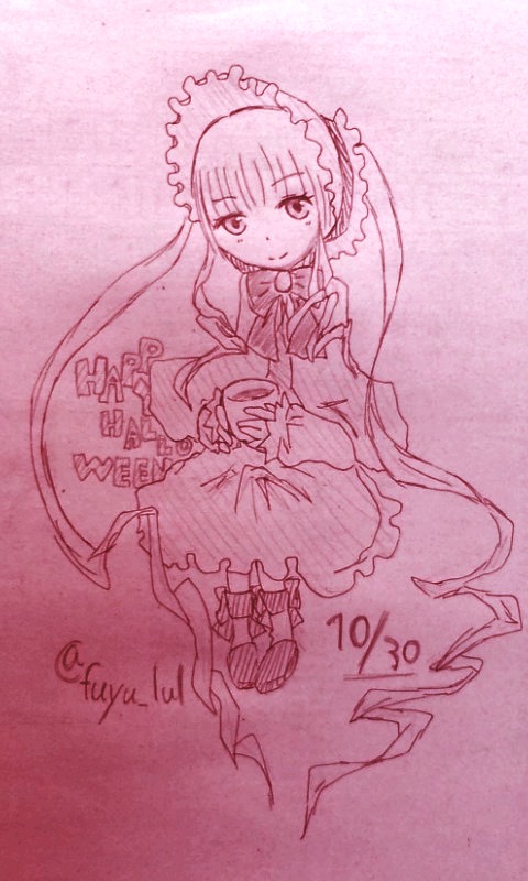 1girl auto_tagged bow bowtie dress frills full_body image long_hair long_sleeves looking_at_viewer monochrome shinku smile solo standing