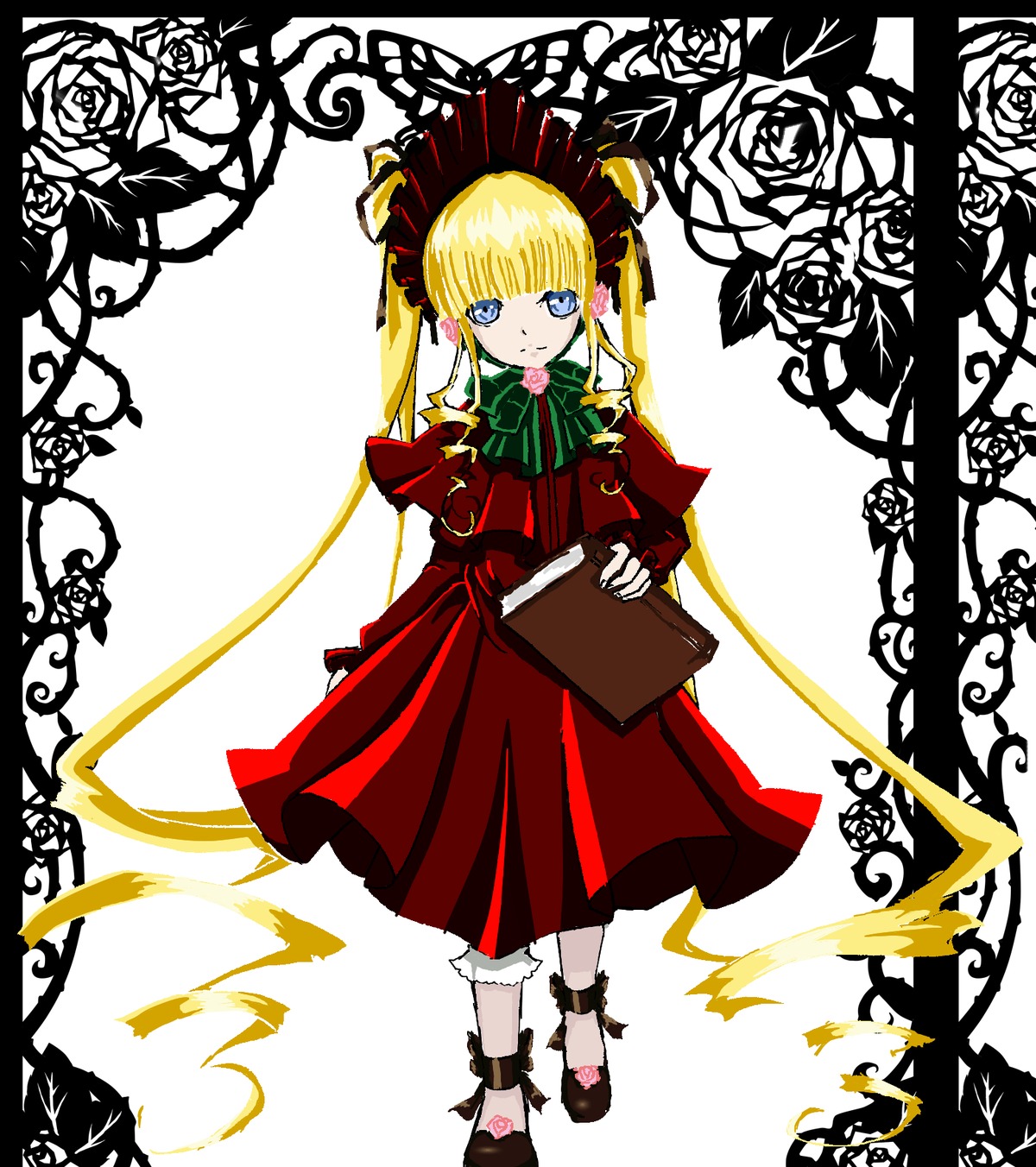 1girl auto_tagged bangs black_border blonde_hair blue_eyes bonnet book bow bowtie dress flower full_body green_bow image long_hair long_sleeves looking_at_viewer pink_rose red_dress red_flower red_rose rose shinku sidelocks solo twintails