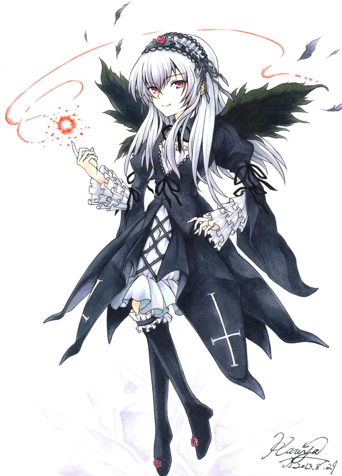 1girl black_dress black_legwear black_wings dress feathers flower frilled_sleeves frills hairband image long_hair long_sleeves looking_at_viewer red_eyes ribbon signature silver_hair solo suigintou thighhighs wings
