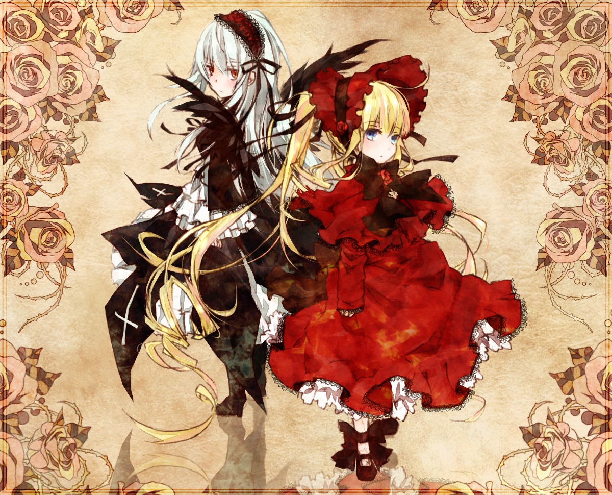 2girls black_flower black_rose blonde_hair blue_eyes bouquet capelet dress flower frills hairband image lolita_fashion long_hair long_sleeves multiple_girls pair pink_flower pink_rose purple_rose red_dress red_eyes red_flower red_rose rose shinku silver_hair suigintou thorns twintails white_flower white_rose wings yellow_flower yellow_rose