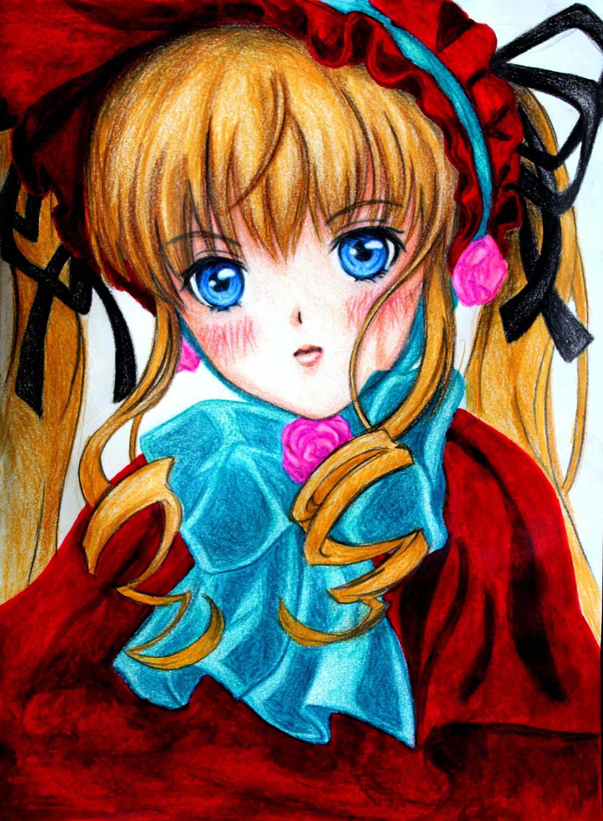 1girl blonde_hair blue_eyes blush bow dress drill_hair flower frills image long_hair looking_at_viewer marker_(medium) millipen_(medium) pastel_(medium) pink_flower pink_rose rose shinku solo traditional_media twin_drills twintails