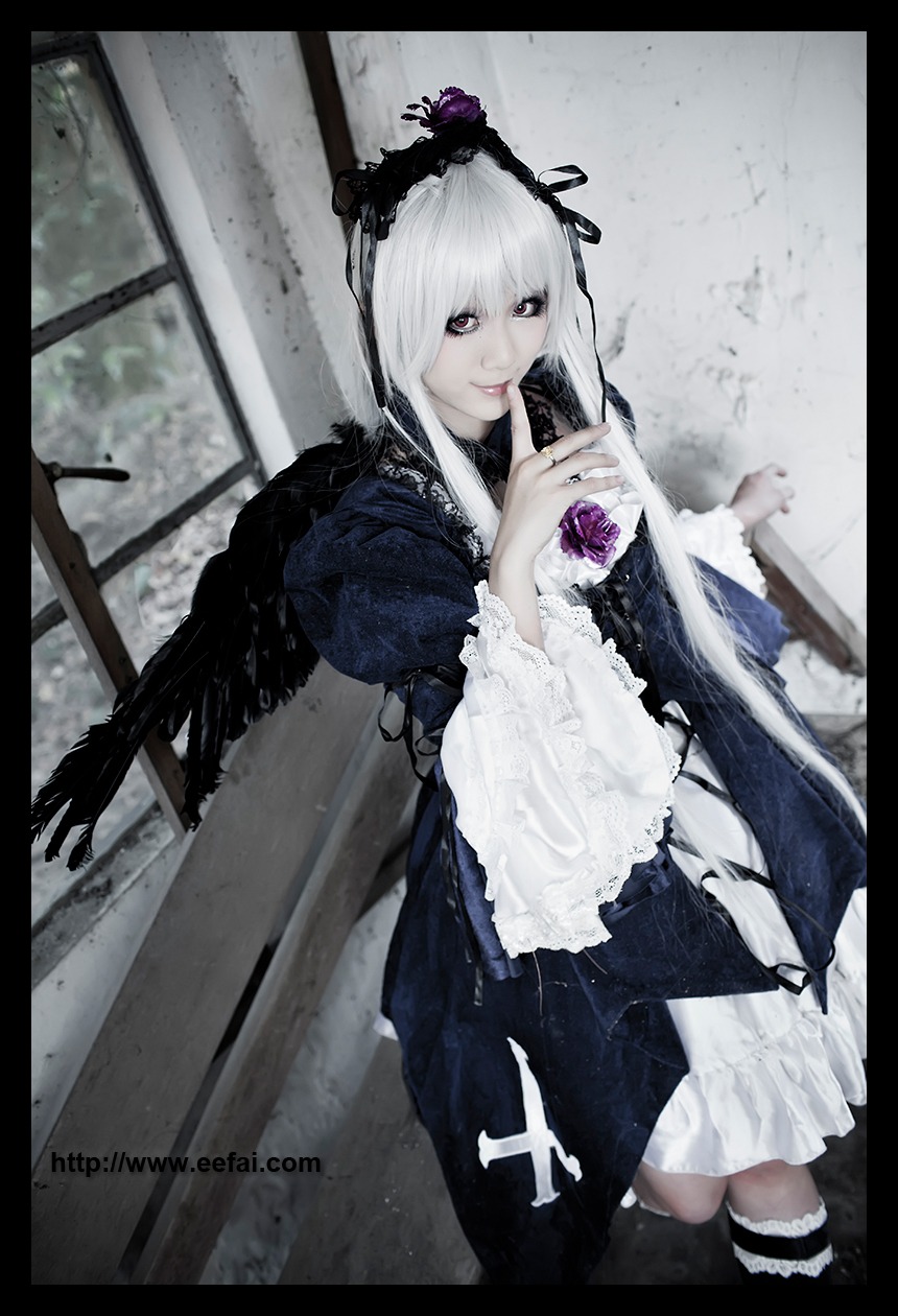 1girl auto_tagged black_border dress flower frills letterboxed long_sleeves looking_at_viewer pillarboxed silver_hair solo suigintou wings