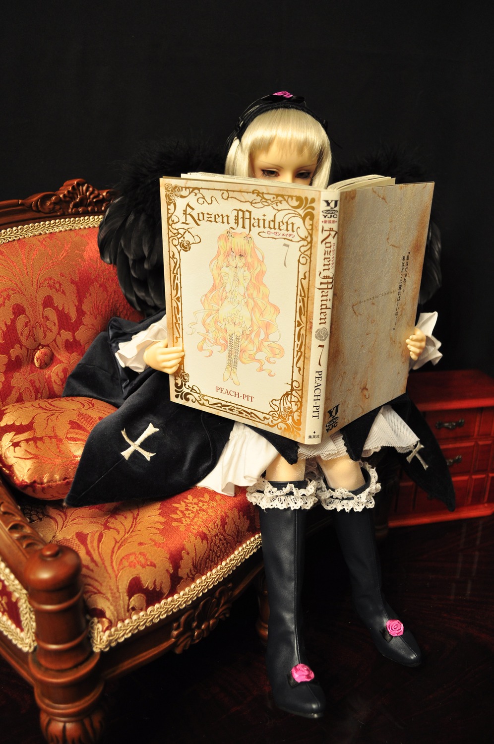 1girl book boots doll gloves hat sitting solo suigintou