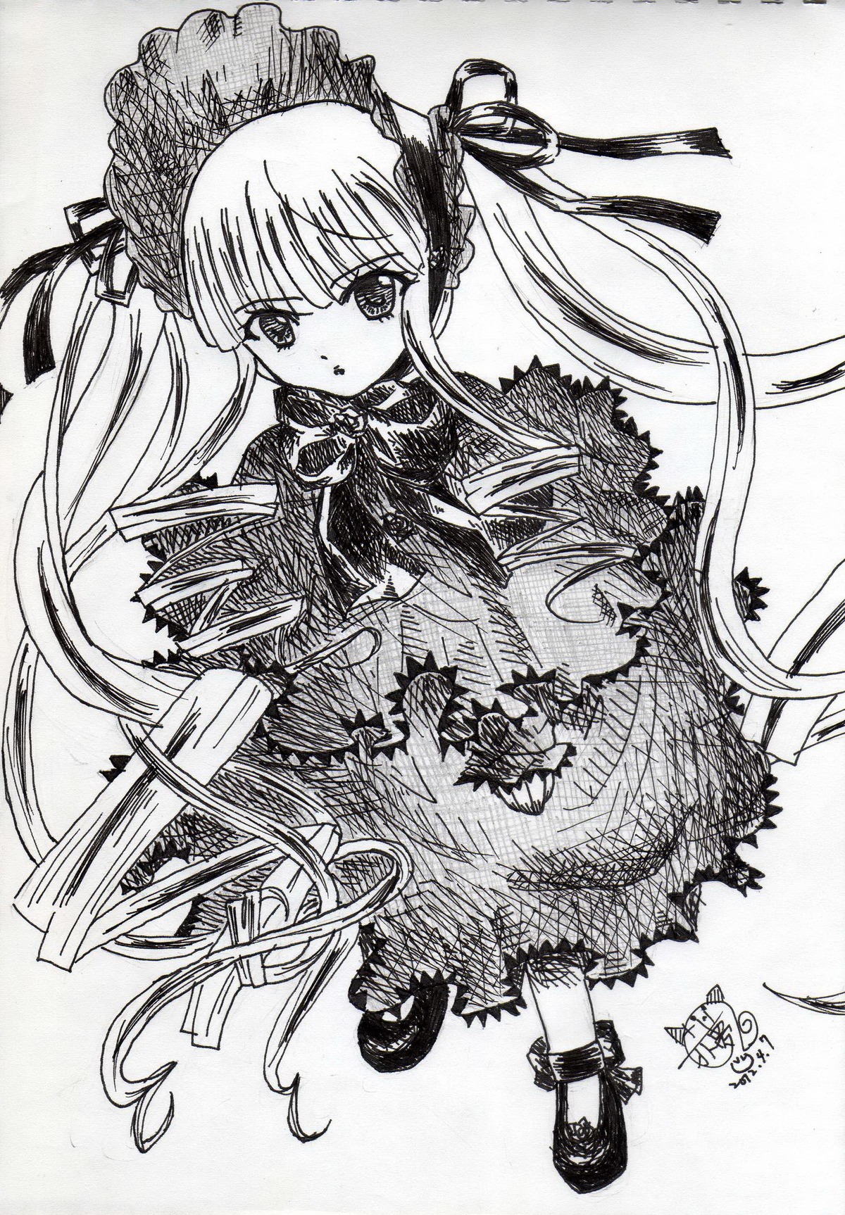 1girl blush capelet dress eyebrows_visible_through_hair greyscale image lolita_fashion long_hair looking_at_viewer monochrome ribbon shinku solo traditional_media twintails very_long_hair